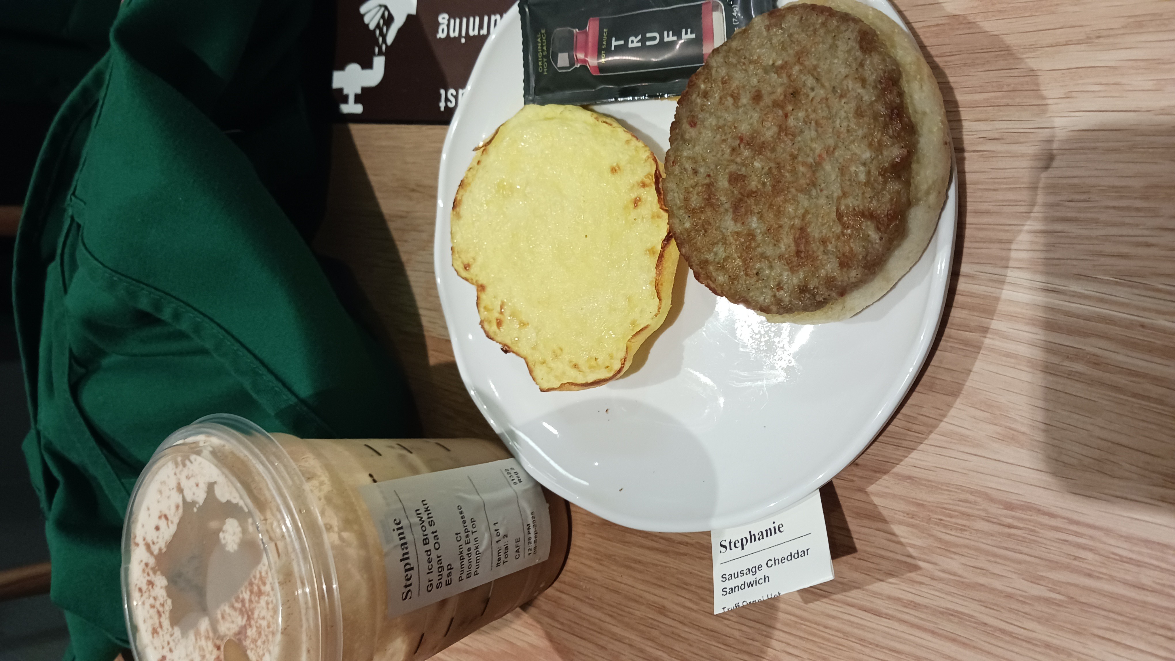 Sausage Cheddar Sandwich & Iced Coffee