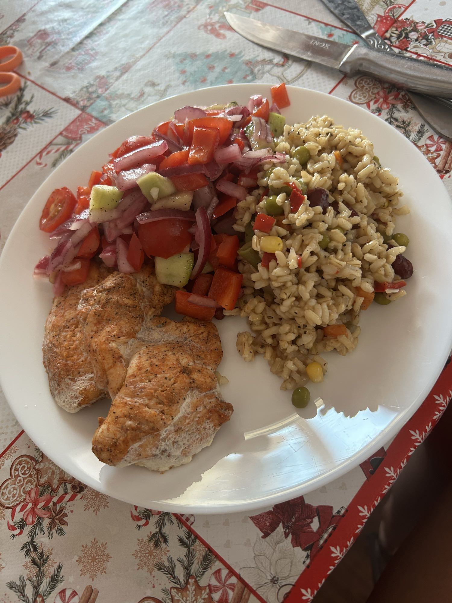 Piept de pui la cuptor cu orez brun și salată de legume