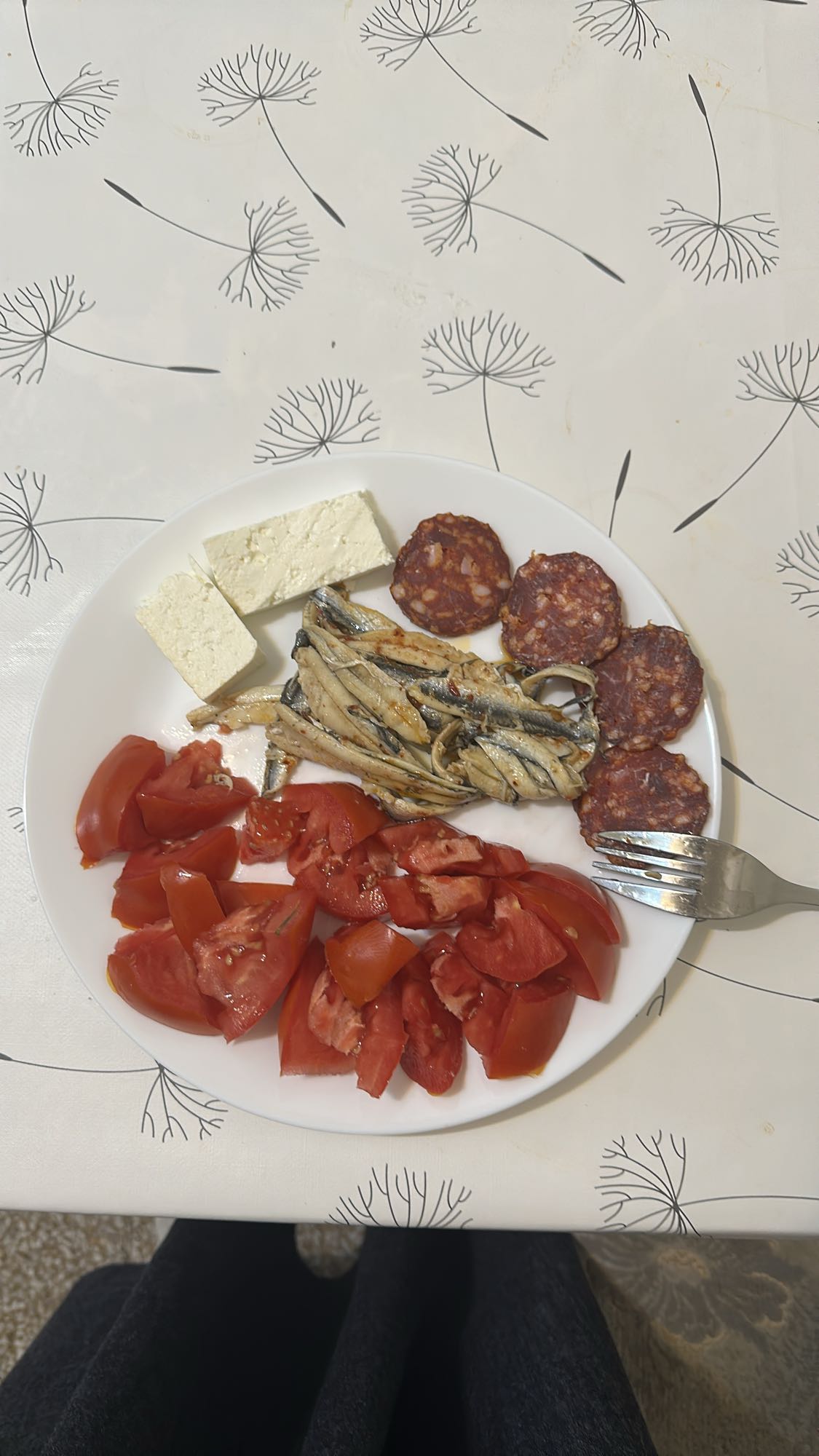 Tomato, cheese, fish, sausage plate