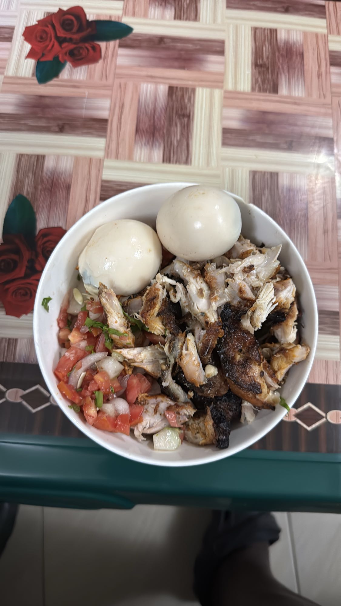 Eggs, grilled chicken, salsa