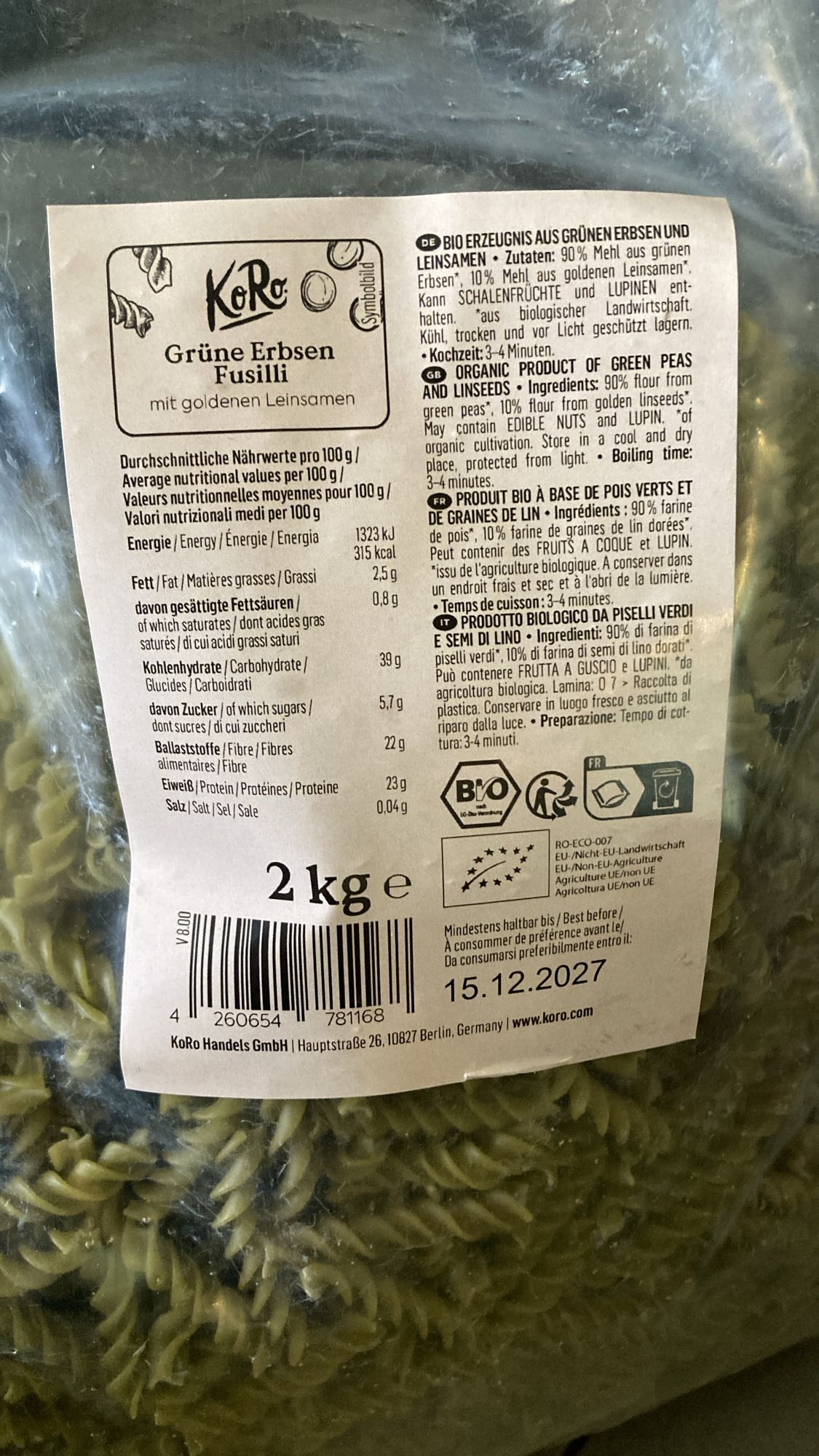 Fusilli pois verts lin