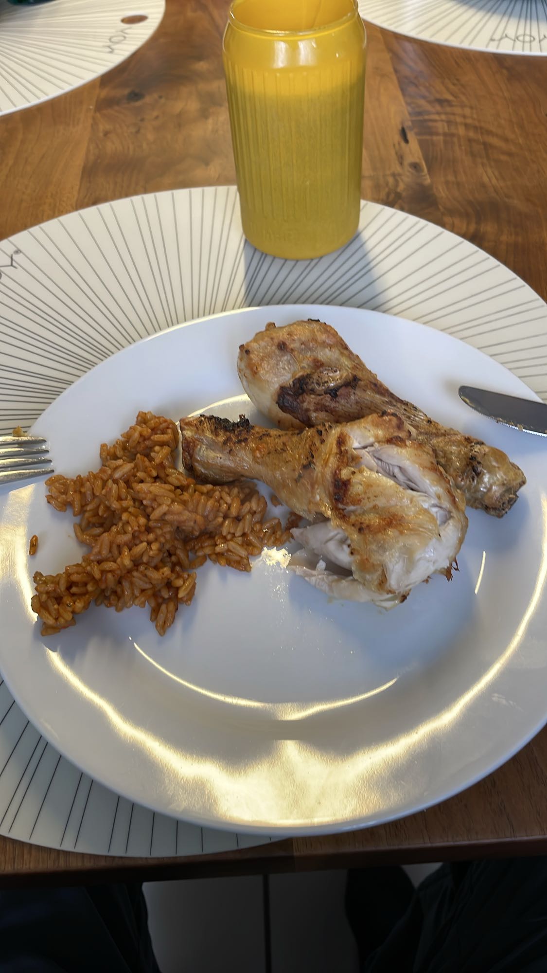 Chicken, rice, orange juice