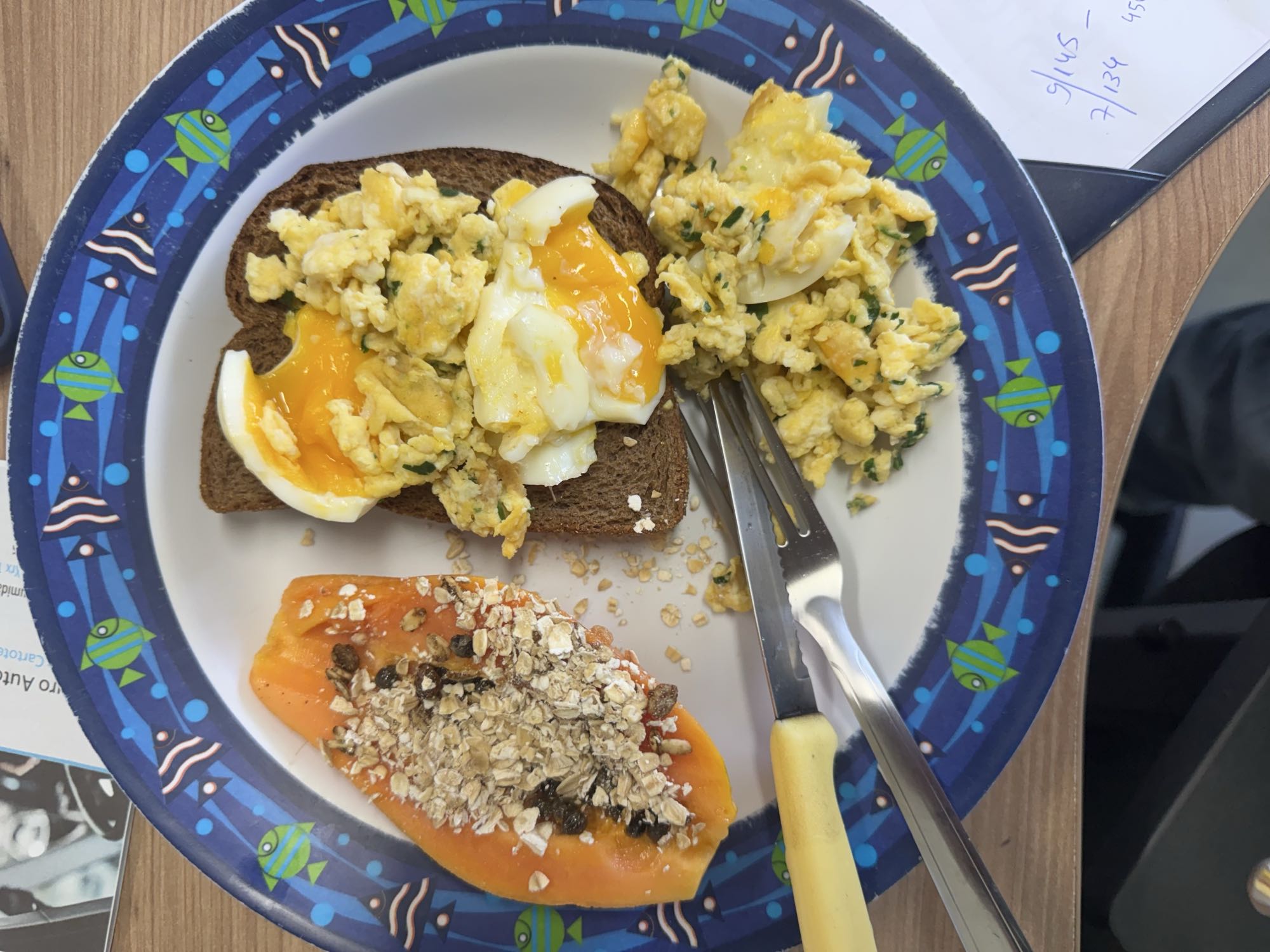 Torrada com ovos e mamão