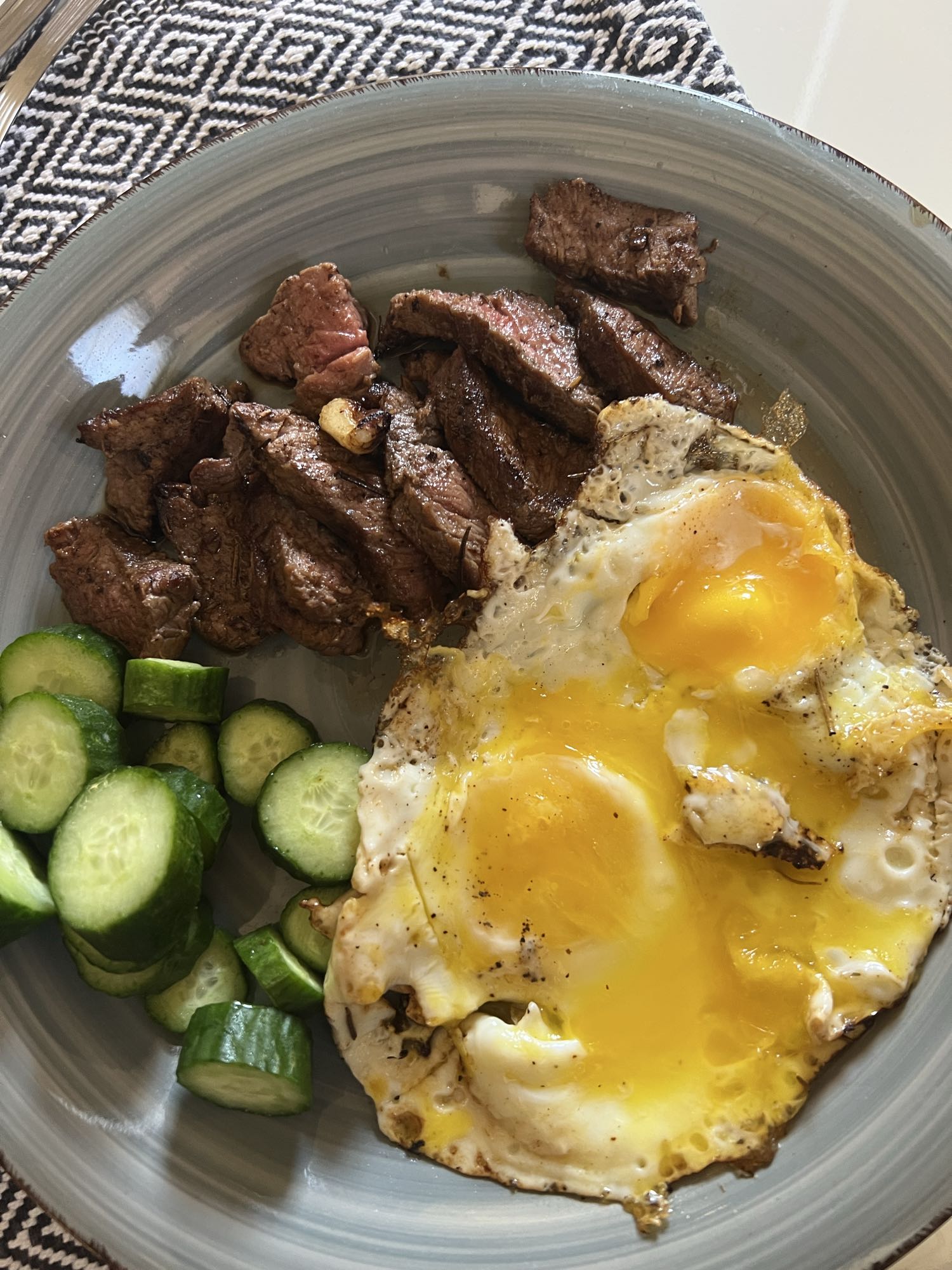 Steak, Eggs, and Cucumber