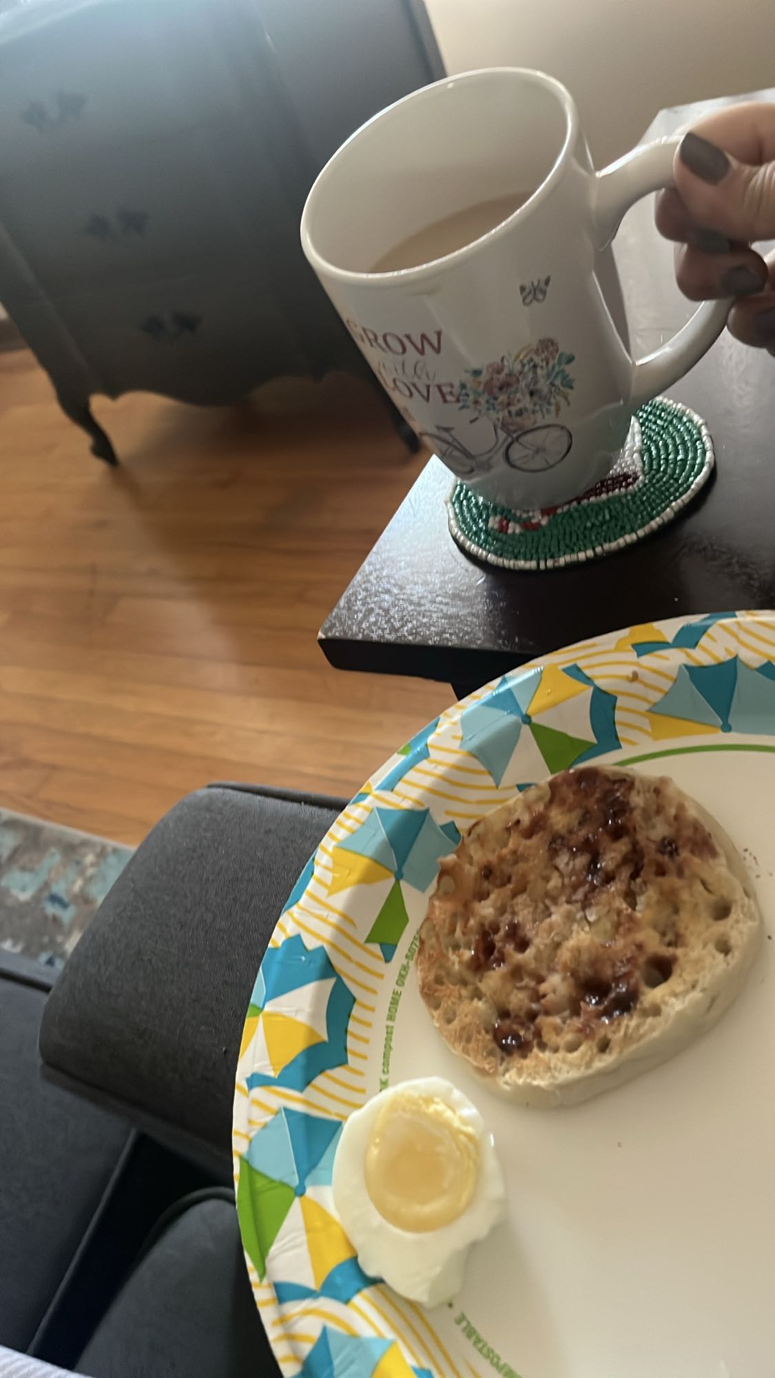 Egg, muffin, jam, coffee