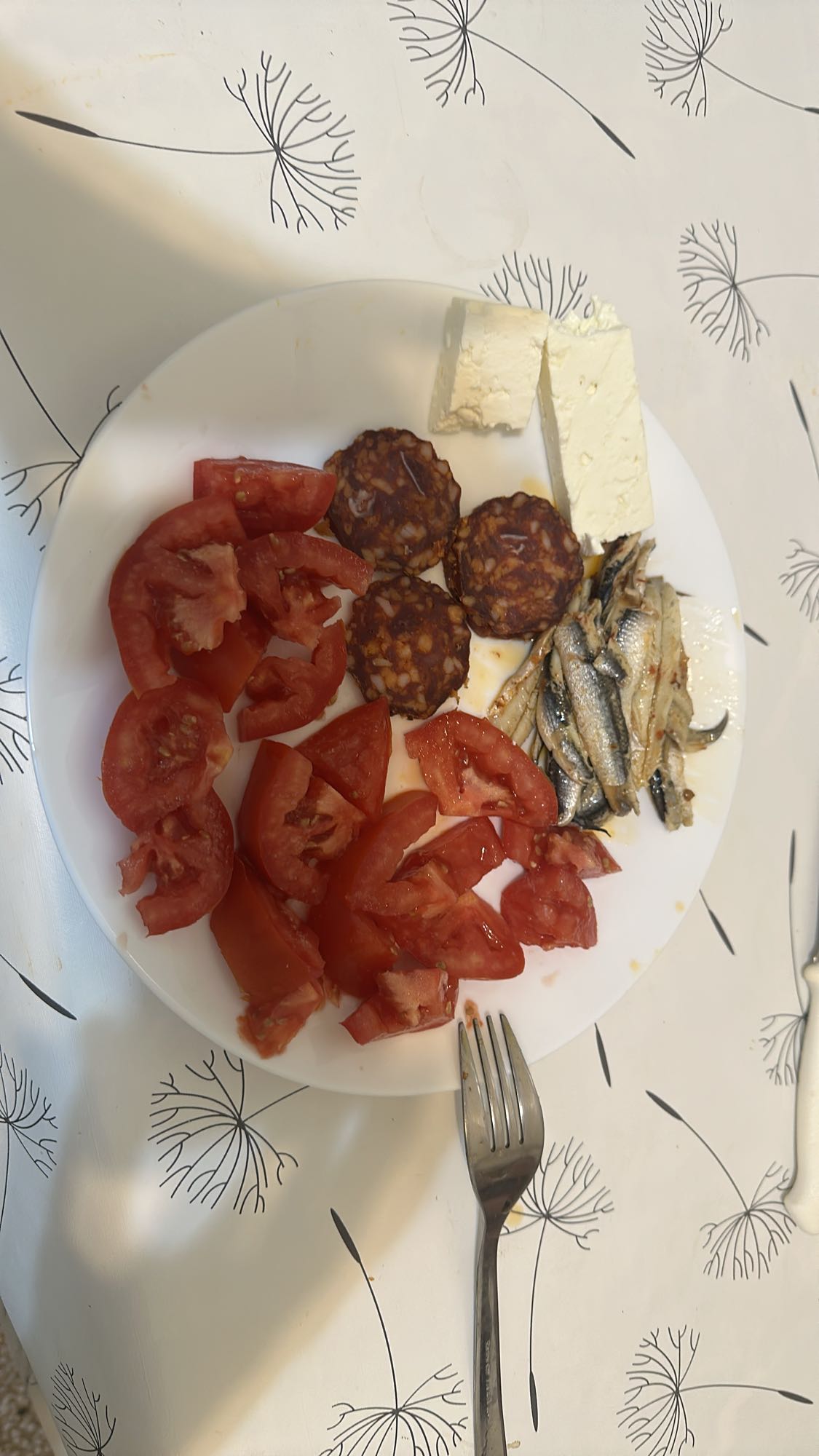 Tomato, cheese, sausage, fish plate