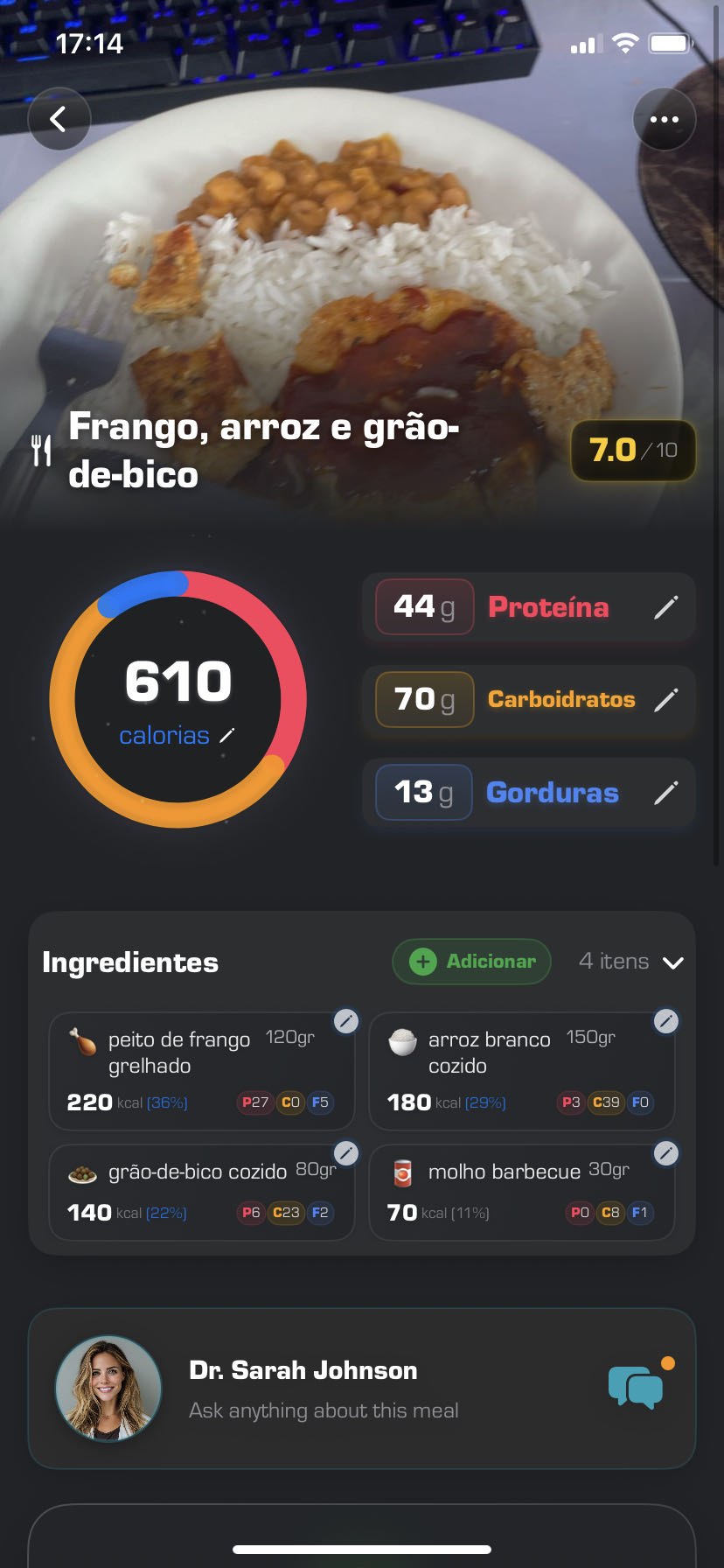Frango, arroz e grão-de-bico