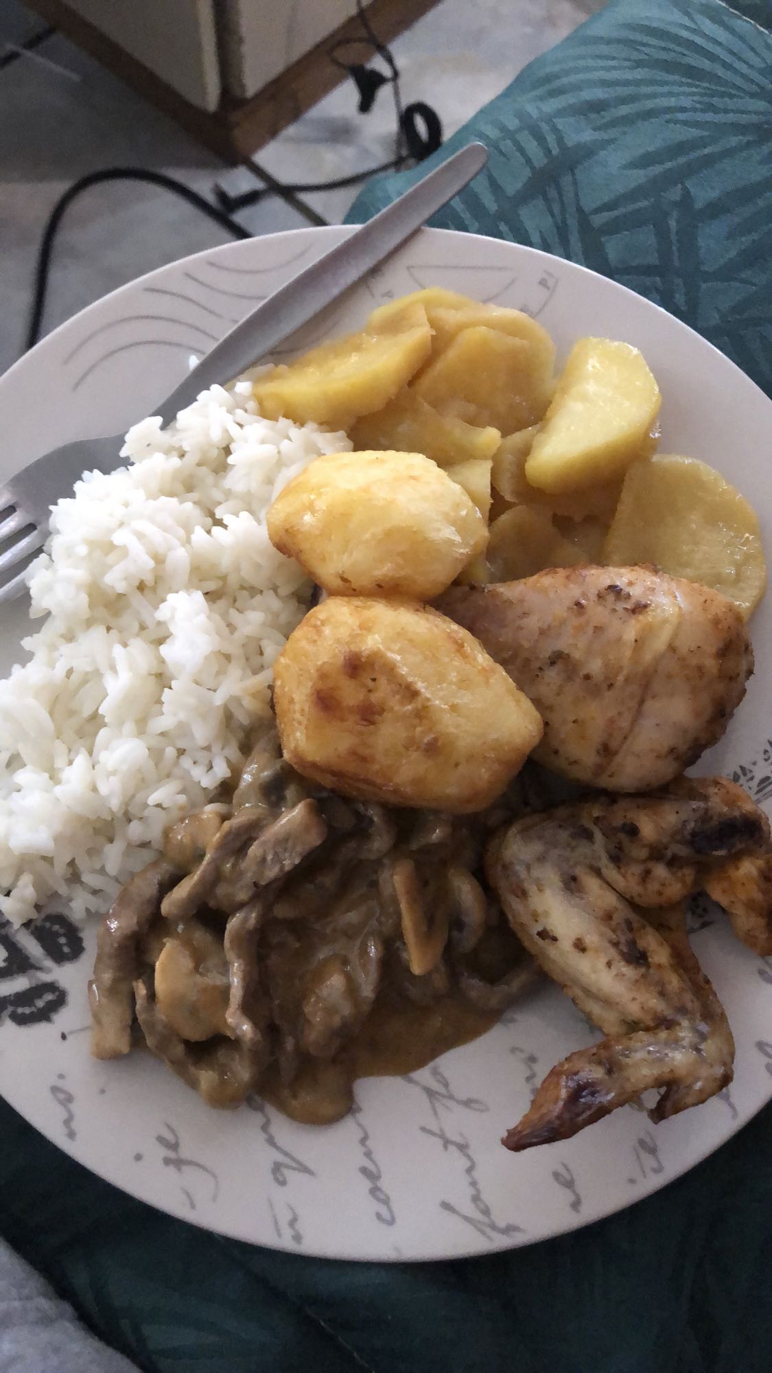 Chicken, rice, potatoes, mushrooms