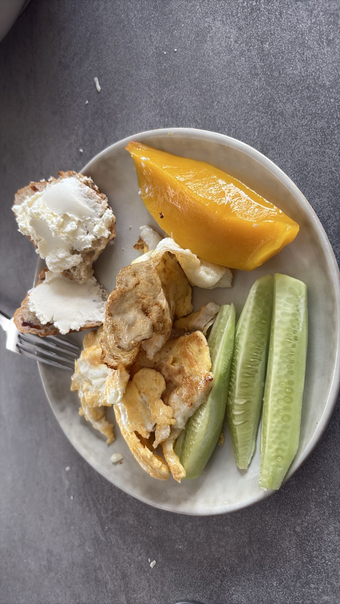 Eggs, bread, mango, cucumber