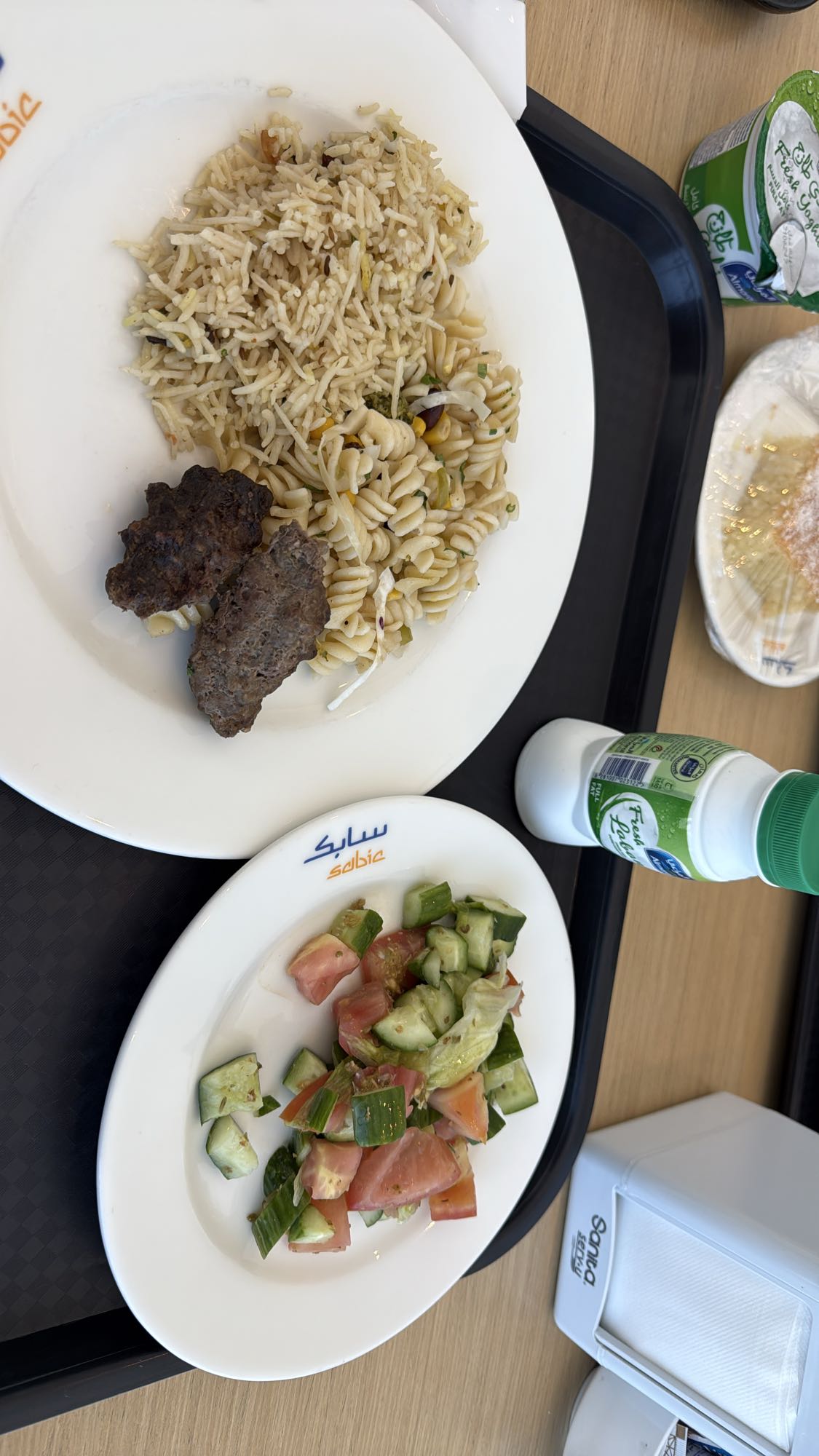 Rice, pasta, kebab, salad