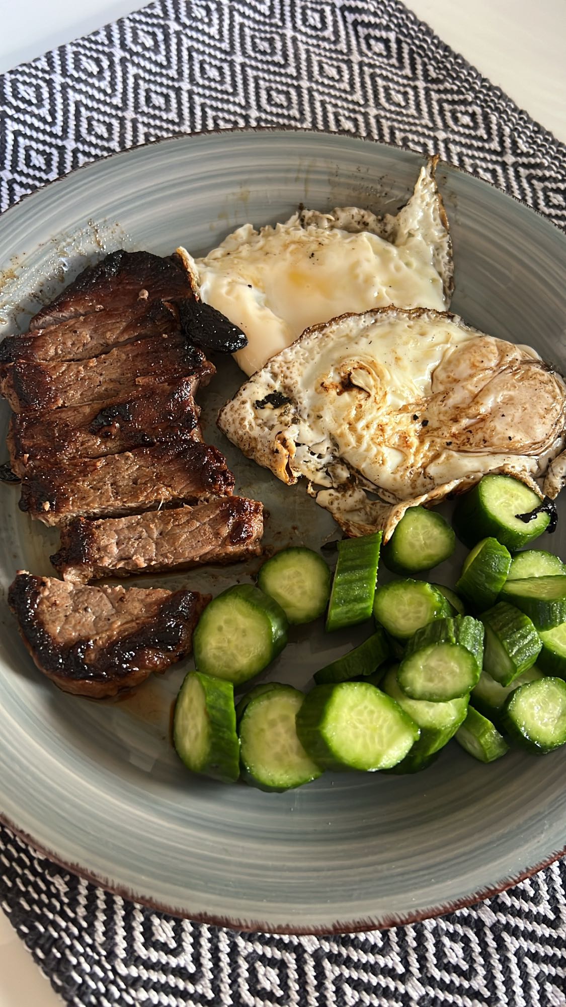 Steak, Eggs, Cucumber Plate