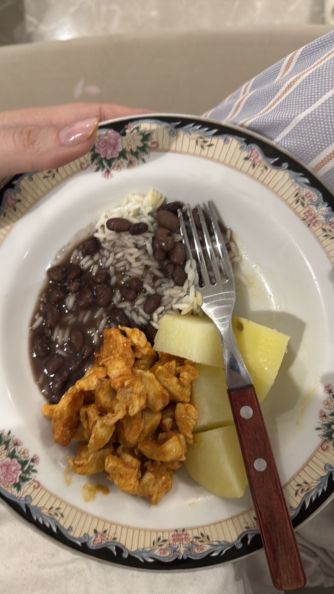 Arroz, feijão, frango e mandioca