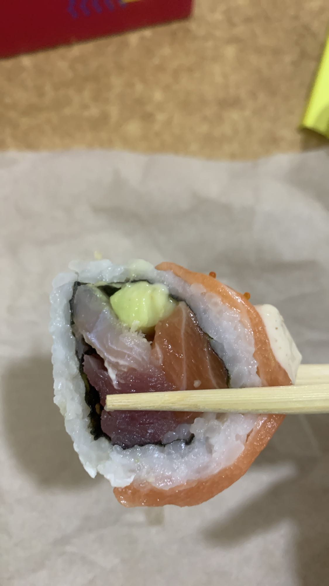 Rainbow sushi roll piece