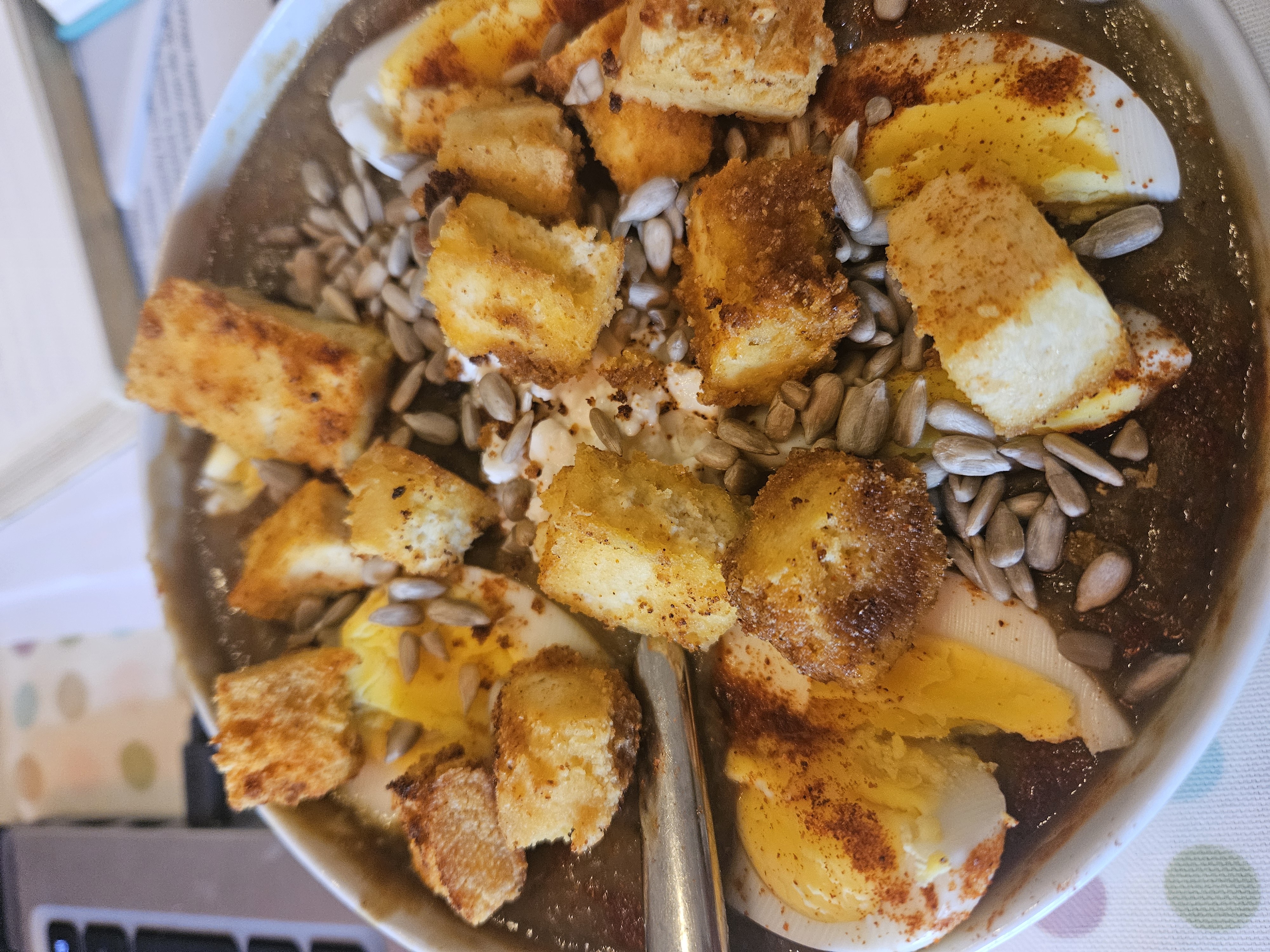 Egg, Baked Tofu & Seed Bowl with Lentil Squash Soup