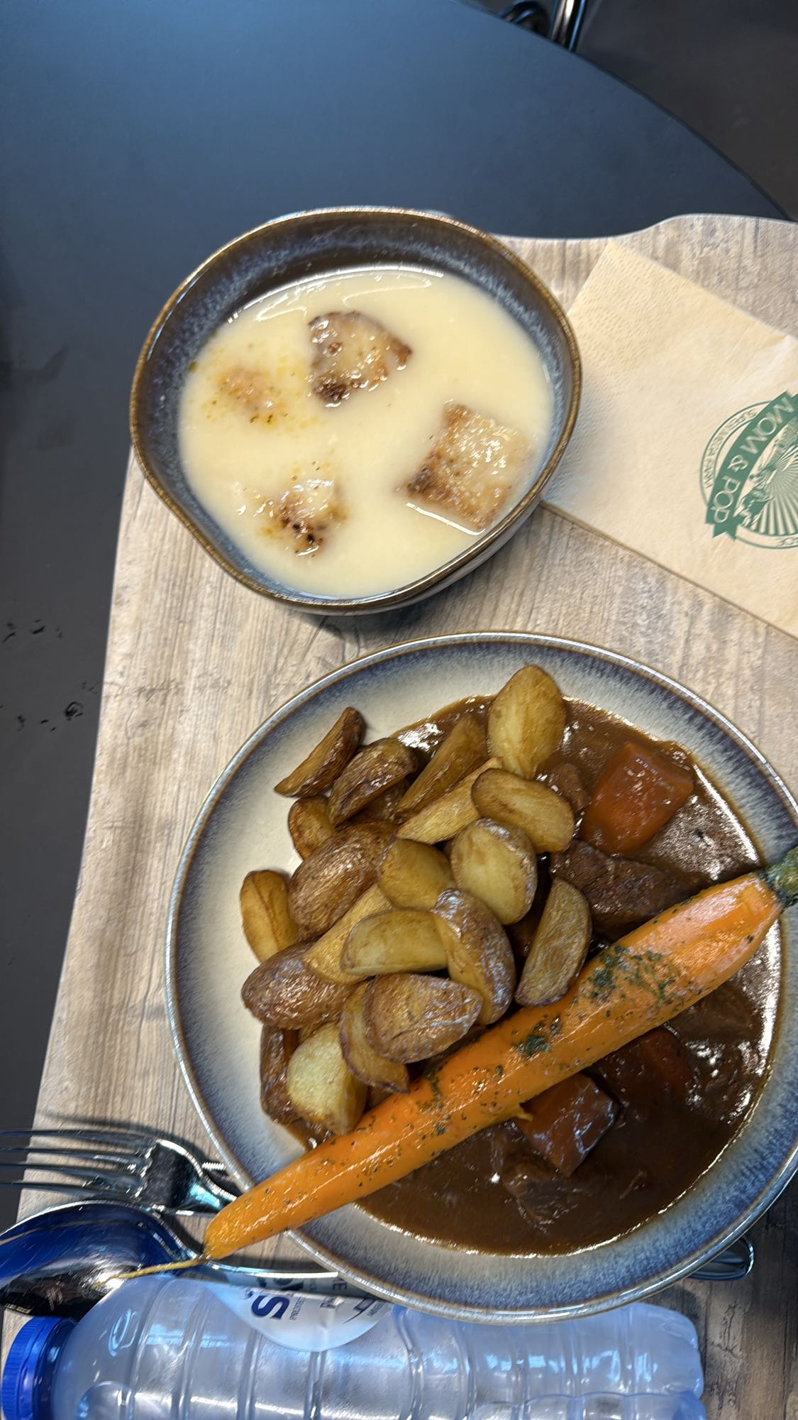 Beef stew with potatoes and soup