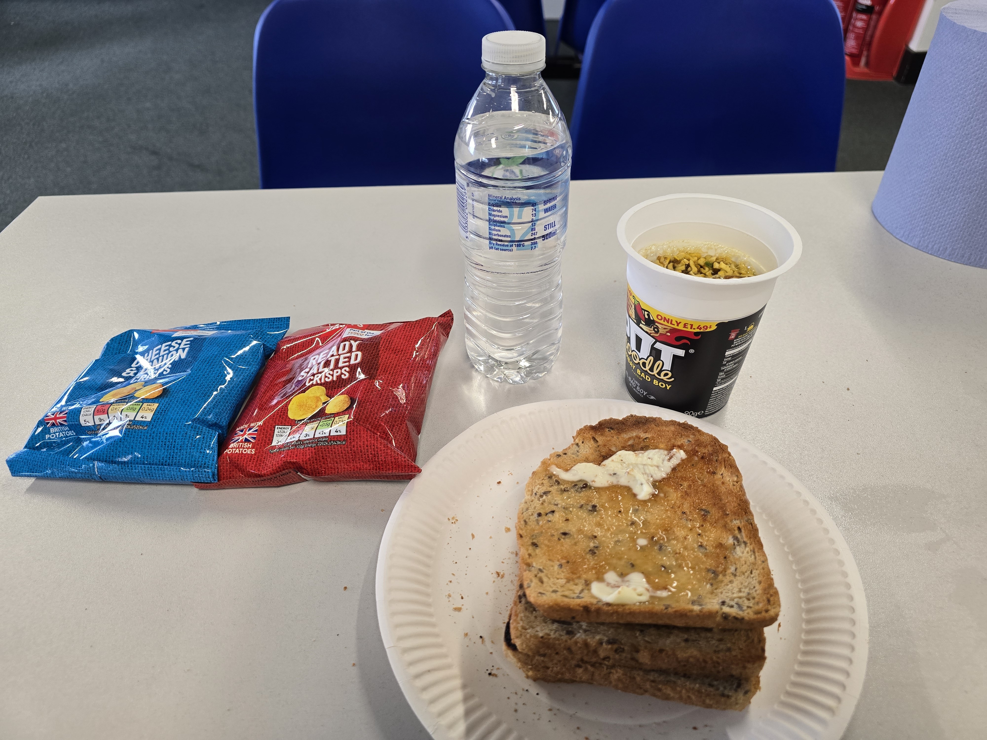 Noodles, Toast, Crisps