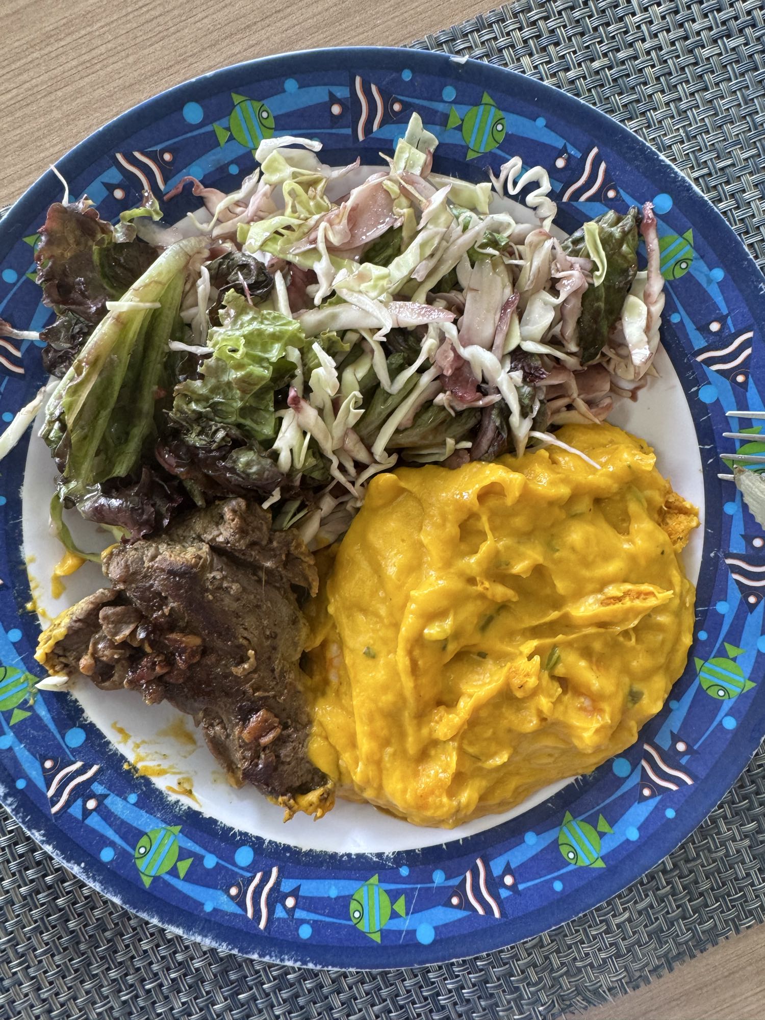 Carne com purê e salada