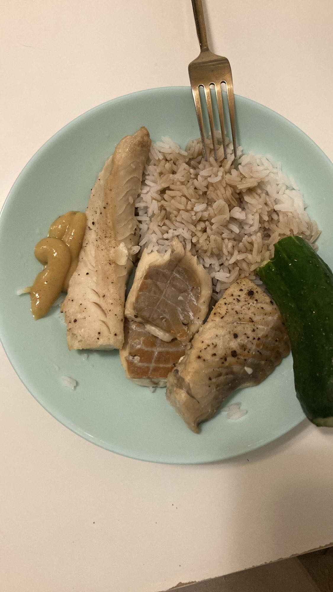 Fish, rice and cucumber plate