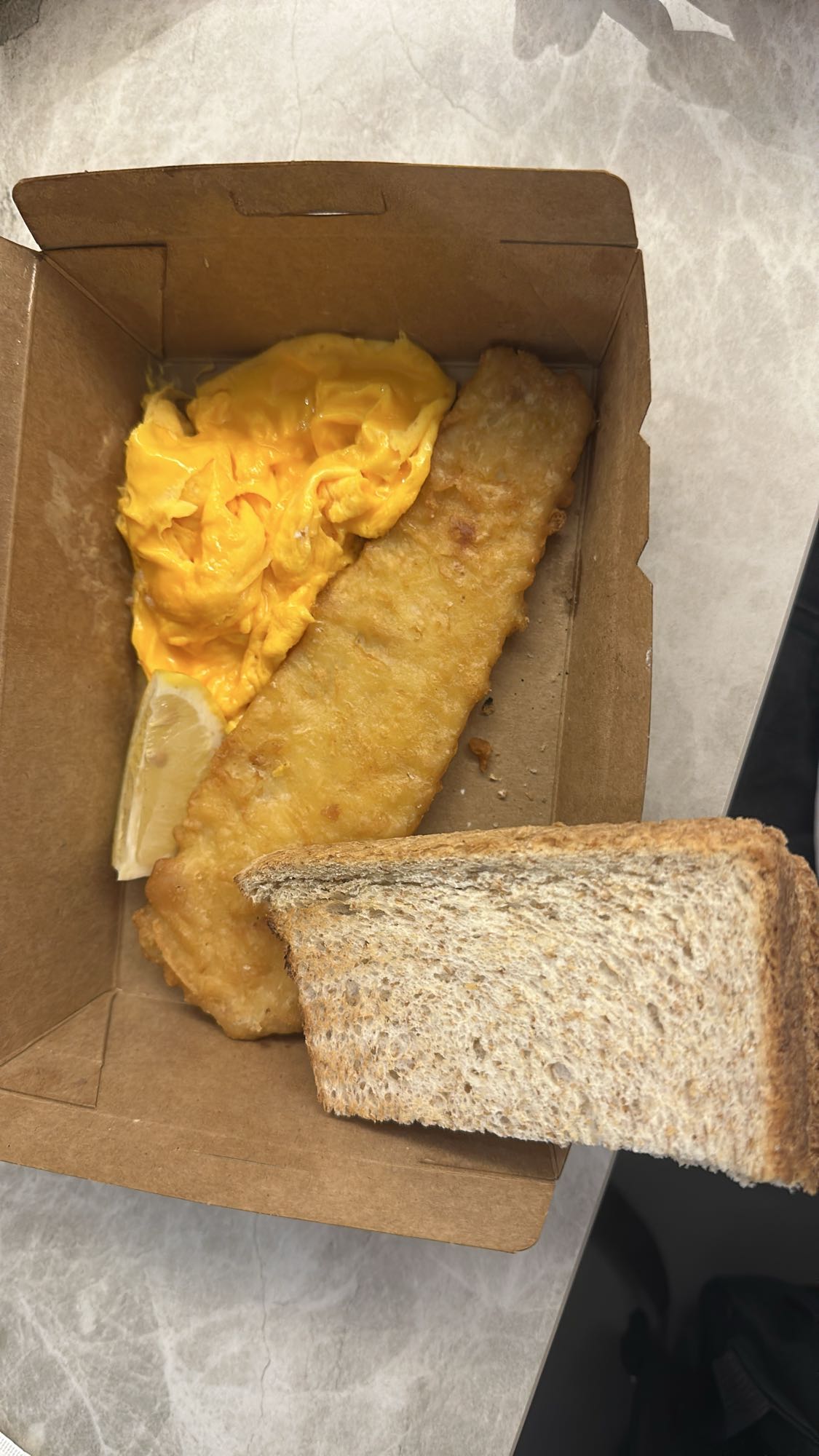 Fish, eggs, and bread