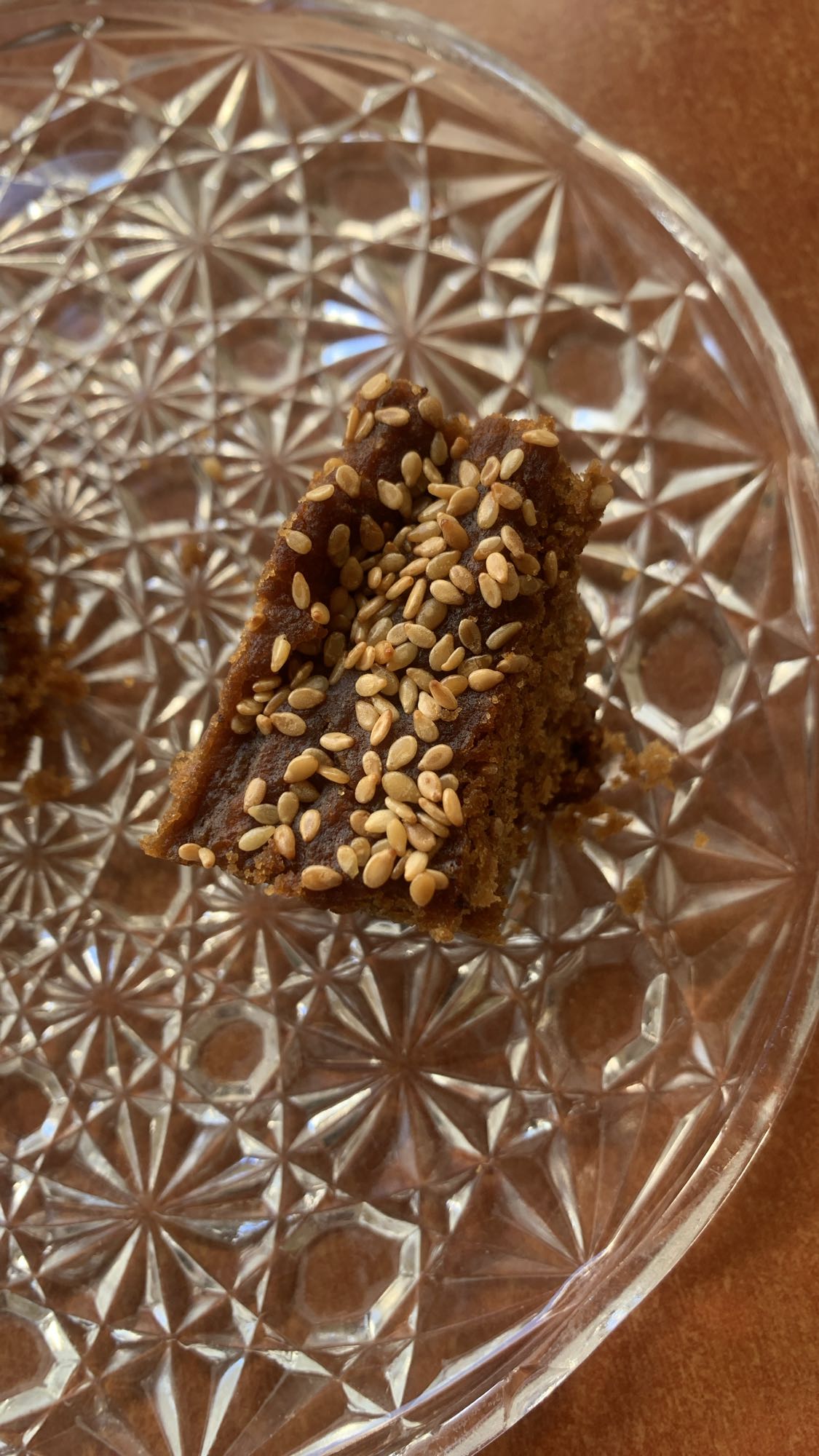 Sesame date cake slice