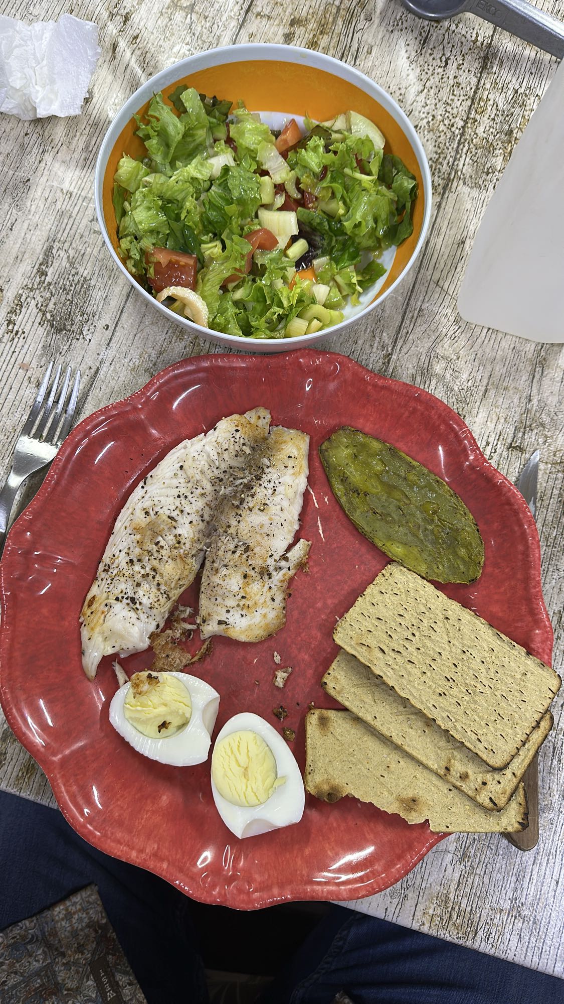 Pescado con ensalada y huevo