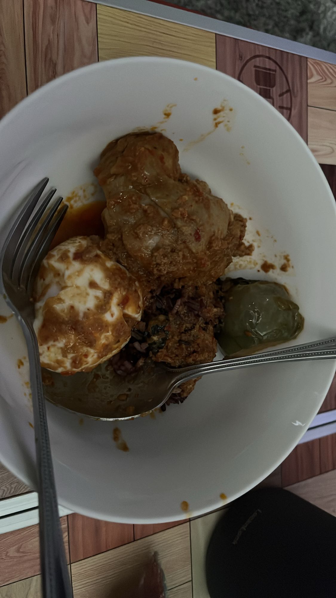 Egg, chicken, rice, eggplant curry