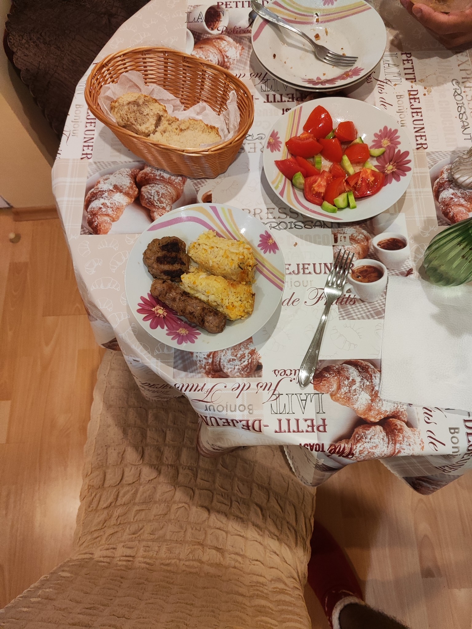 Grilled meat, rice, salad, bread