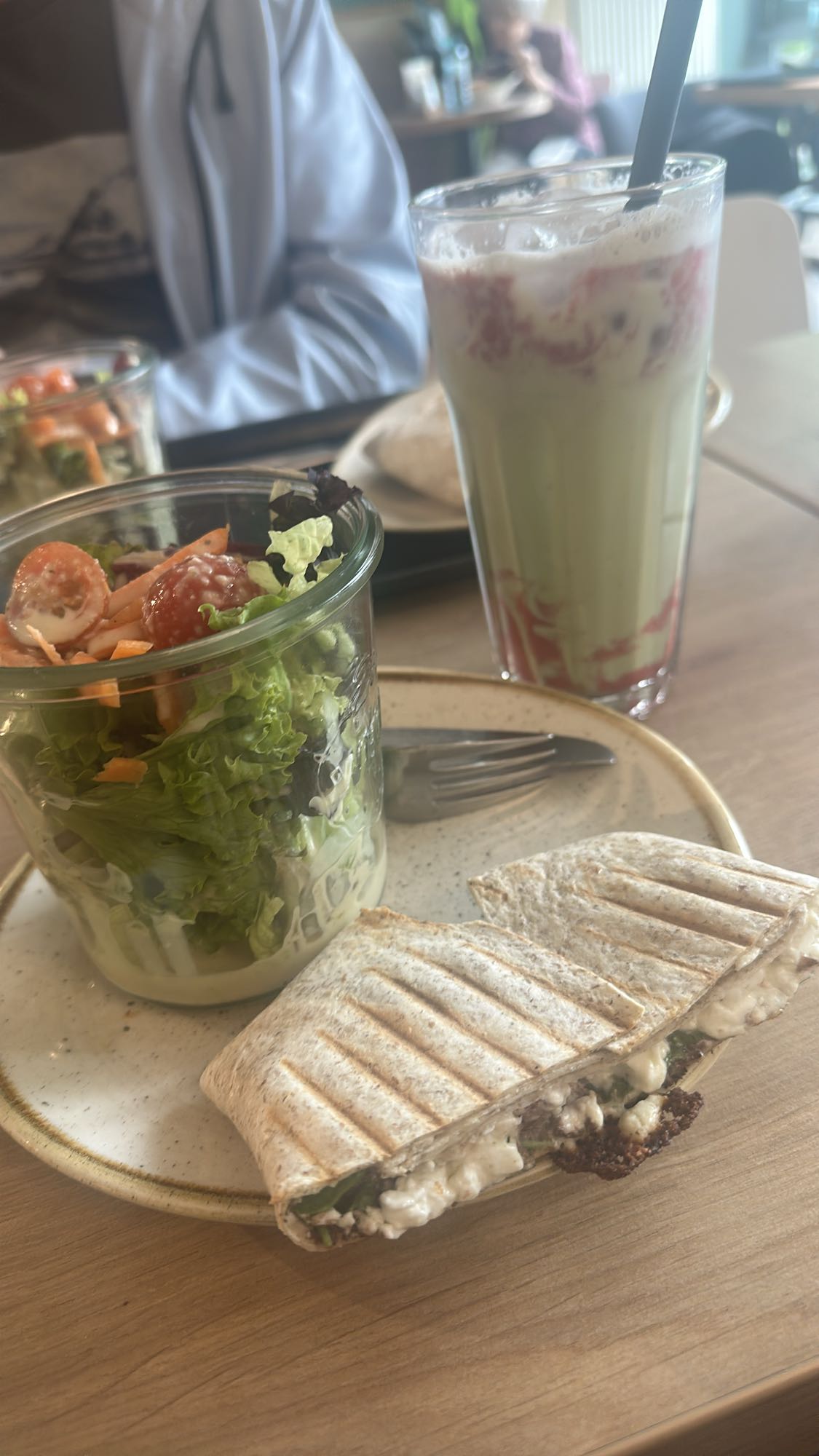 Salad, wrap, matcha latte