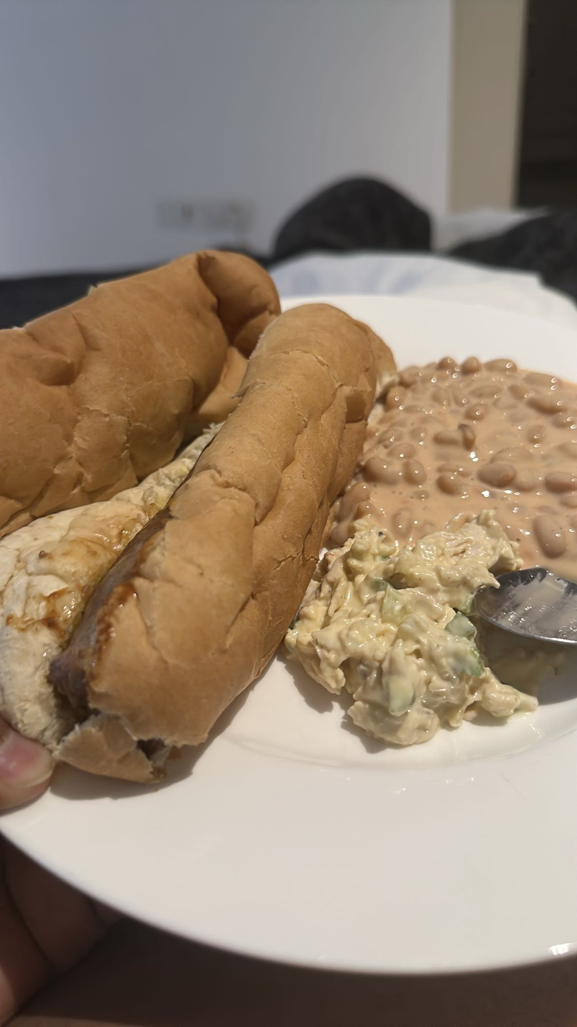 Hot dogs with beans & salad