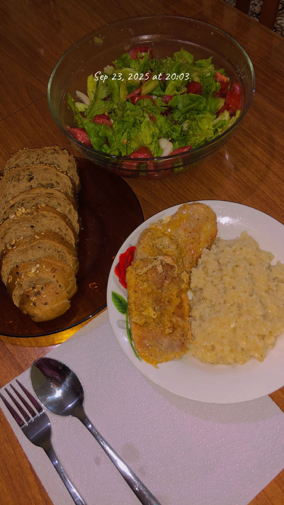 Chicken, rice, salad, bread