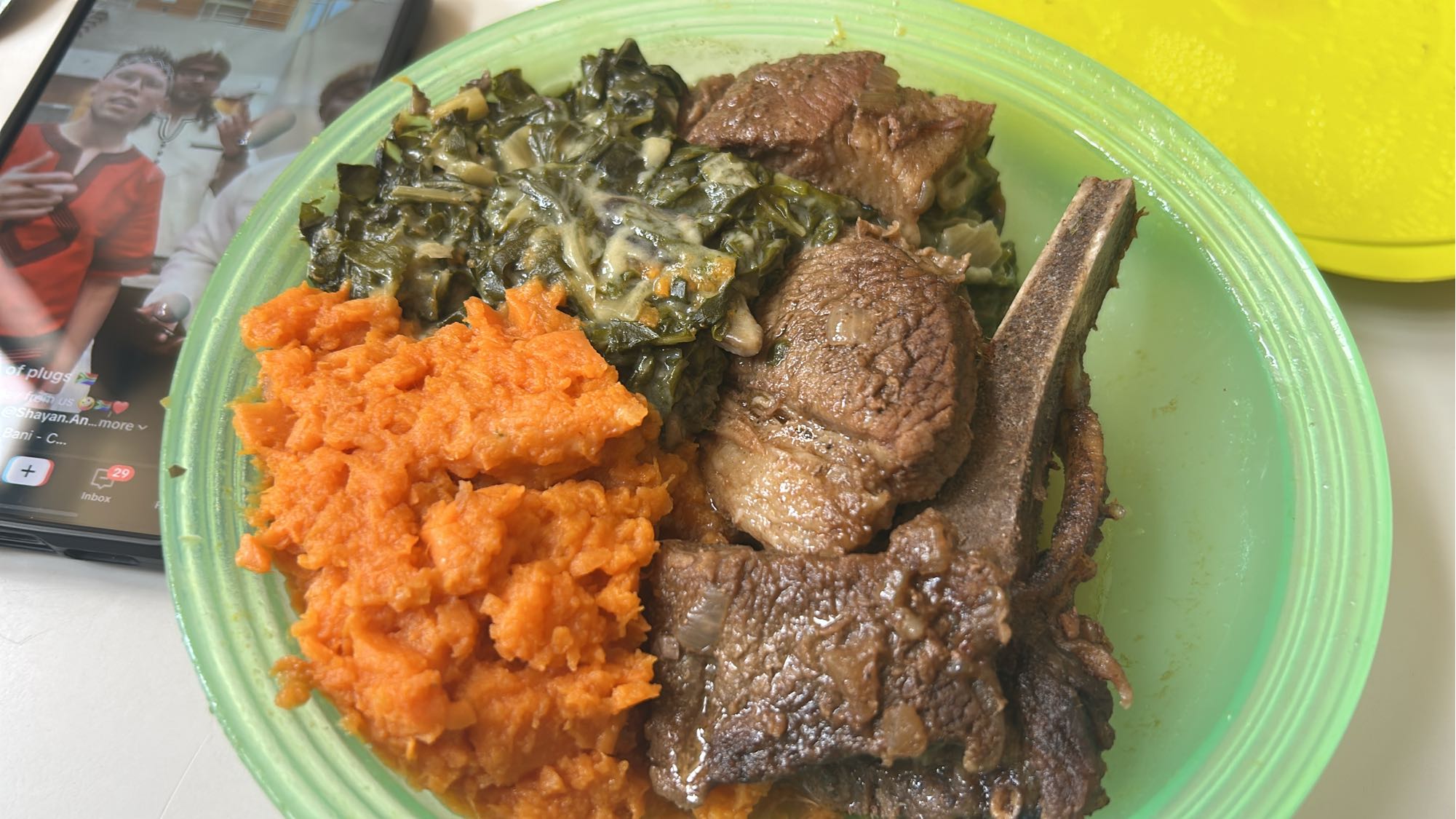 Beef, greens, sweet potato