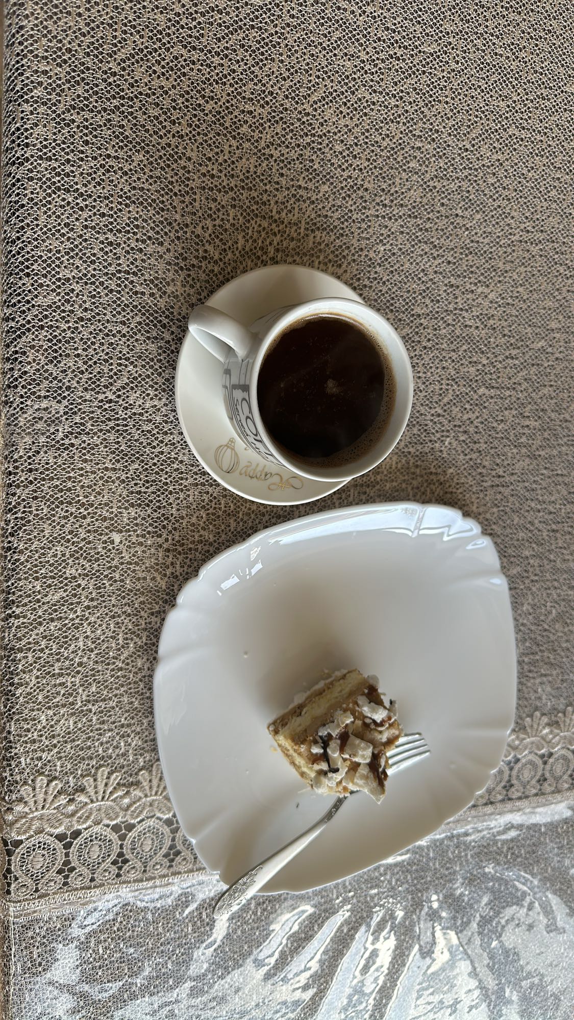 Cake slice and black coffee
