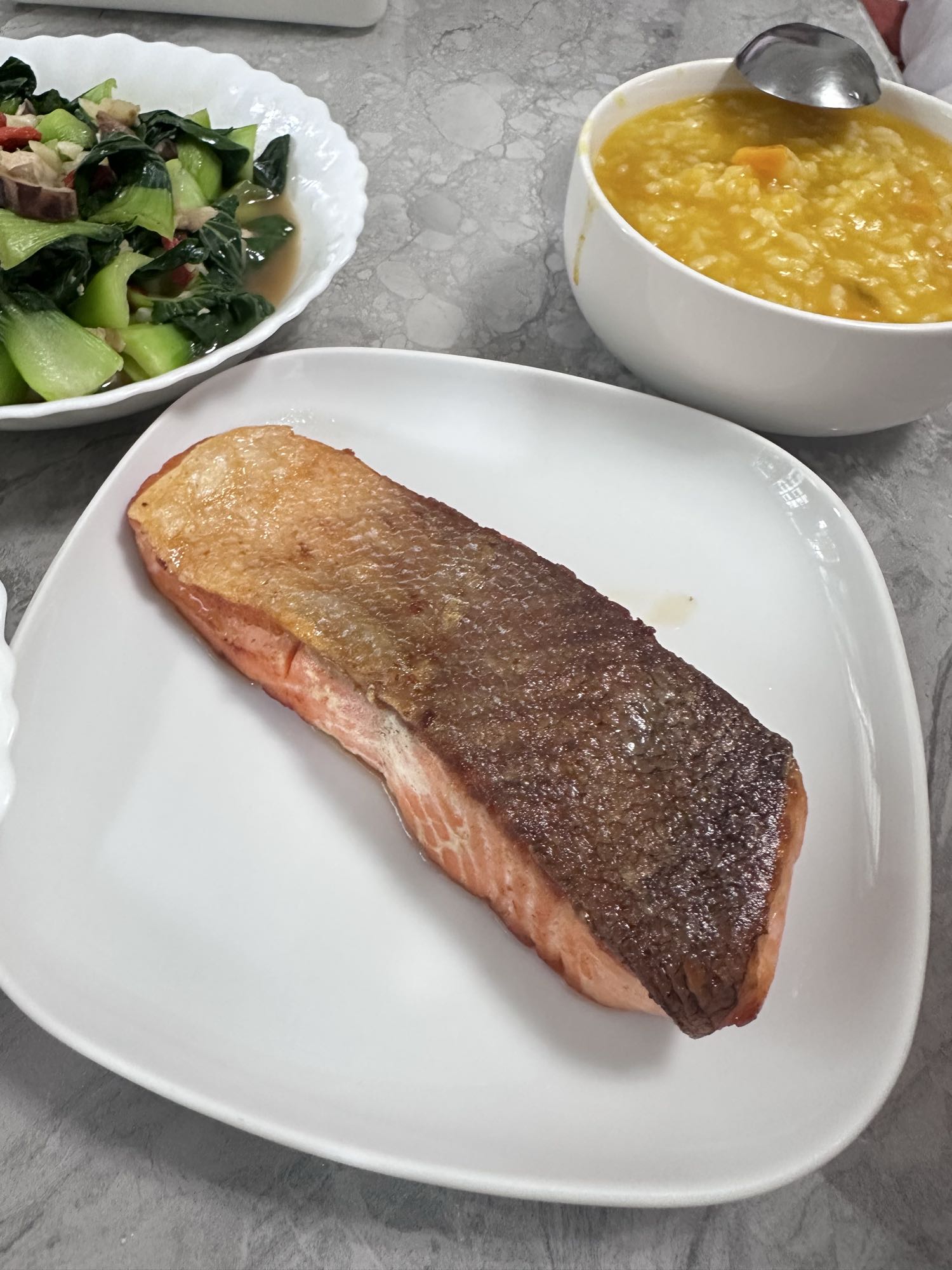 Salmon with rice and greens