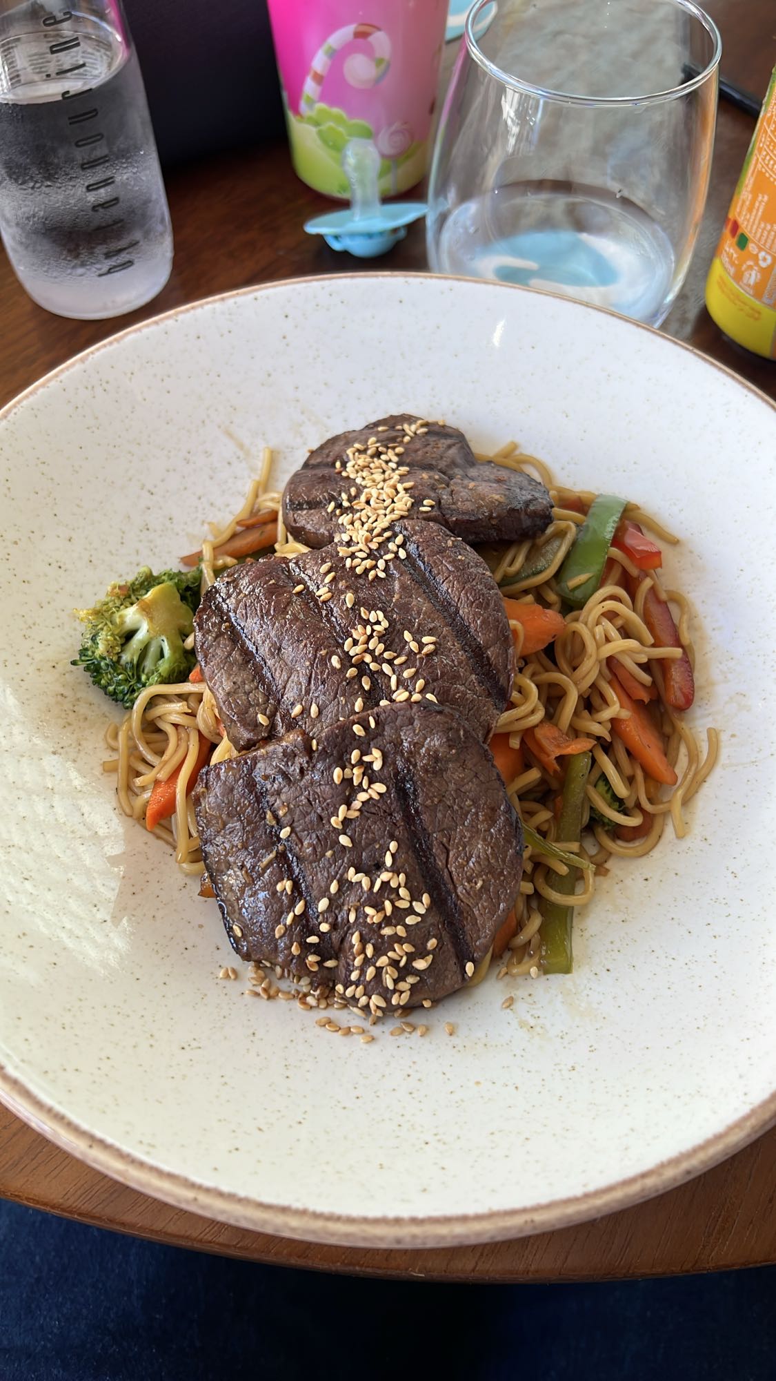Beef steak with noodles