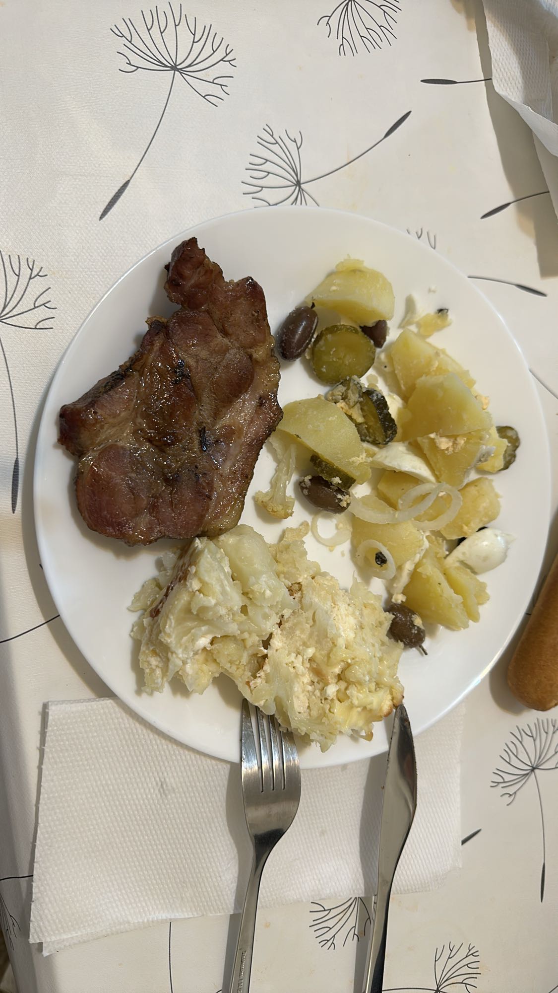 Pork, potato salad, cauliflower