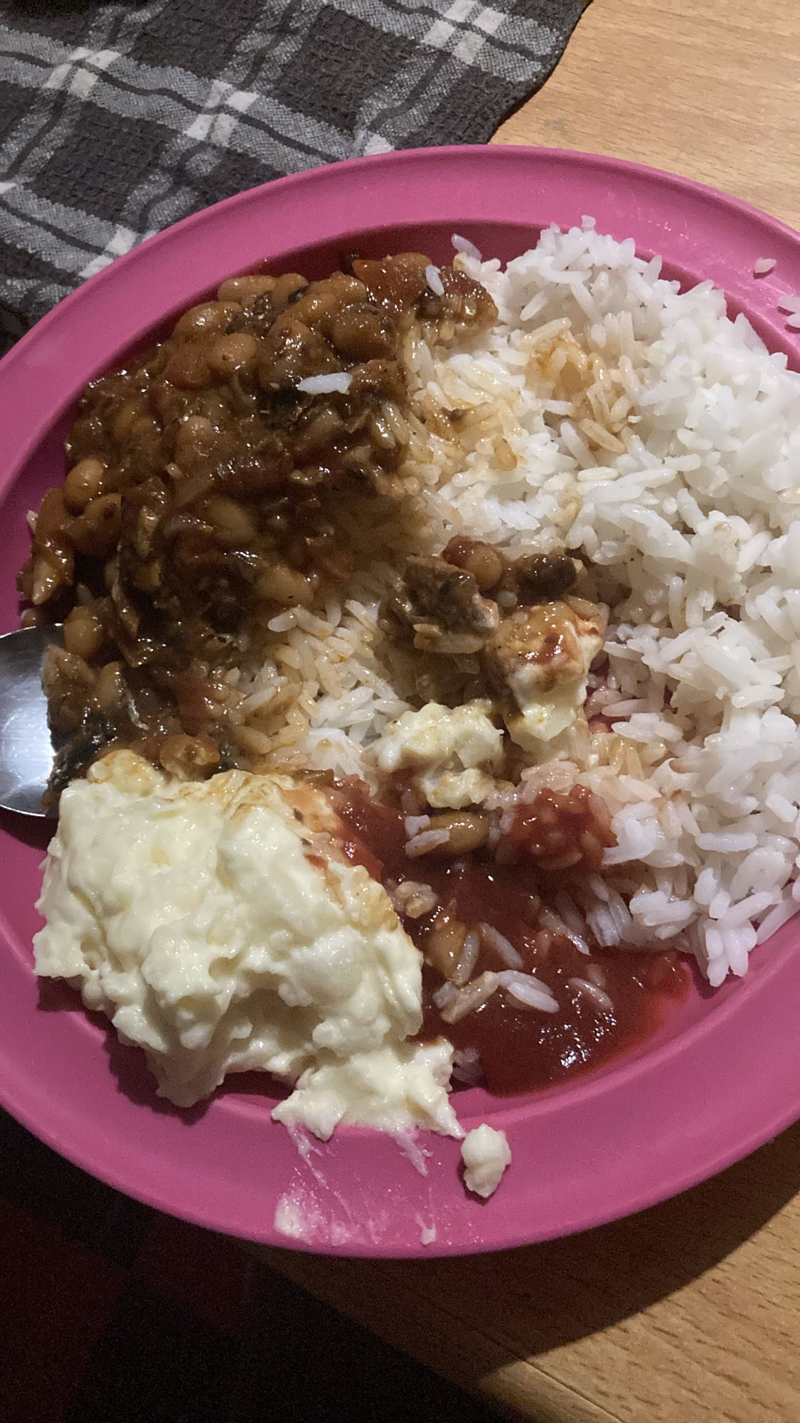 Rice, beans, egg, sauce
