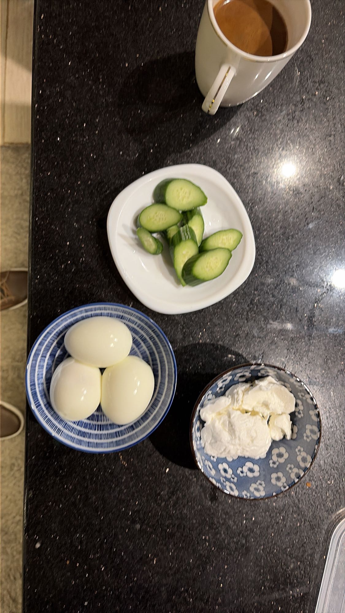 Eggs, yogurt, cucumber, coffee
