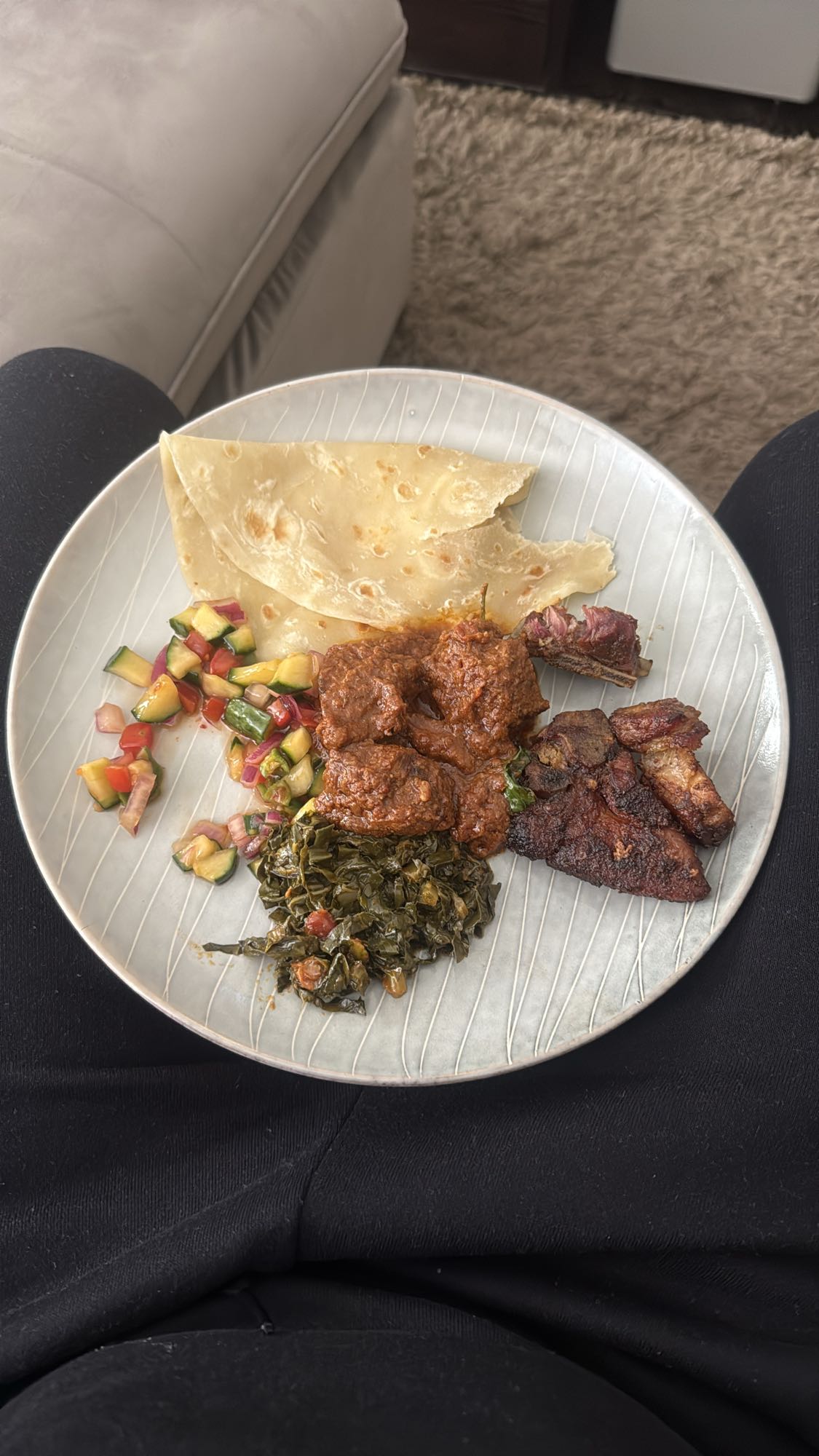 Chapati, beef, greens & salad