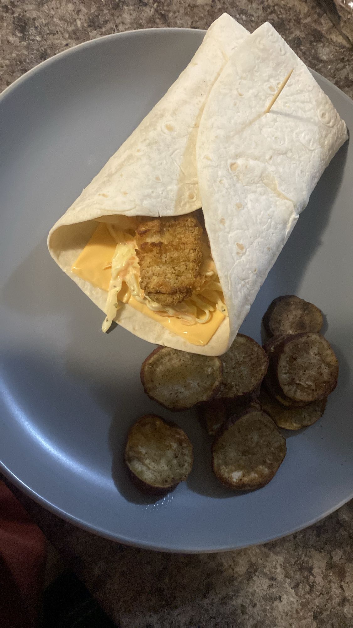 Chicken wrap with potato rounds