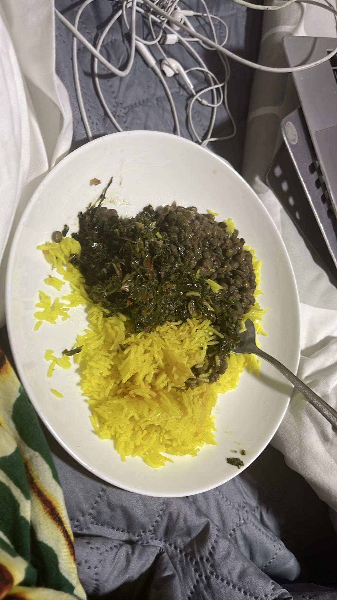 Lentils with yellow rice and fried kale