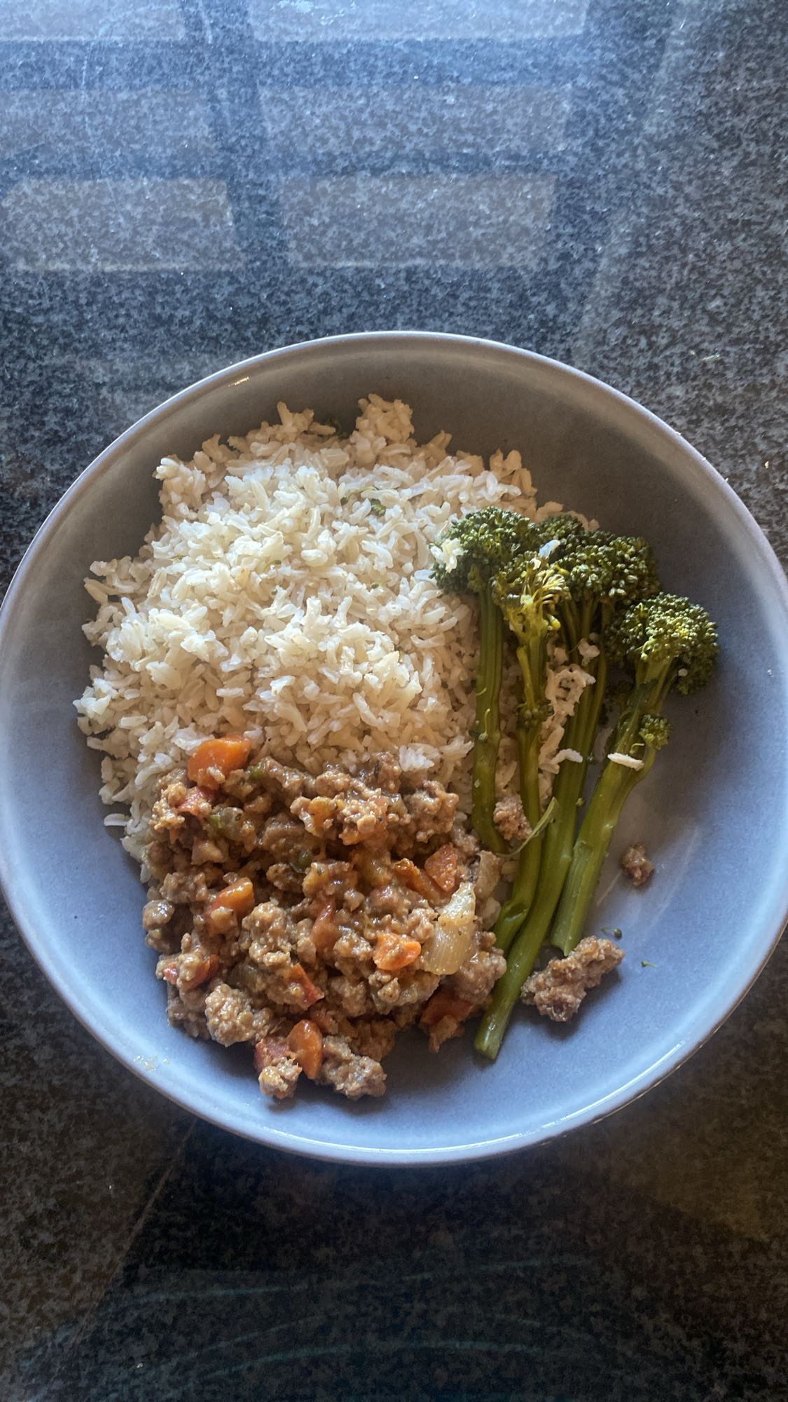 Rice, beef mince, broccoli