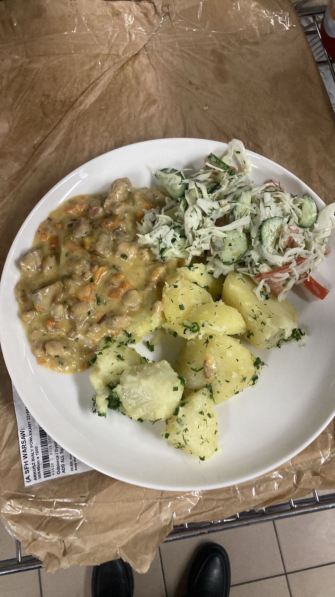 Chicken stew, potatoes, salad