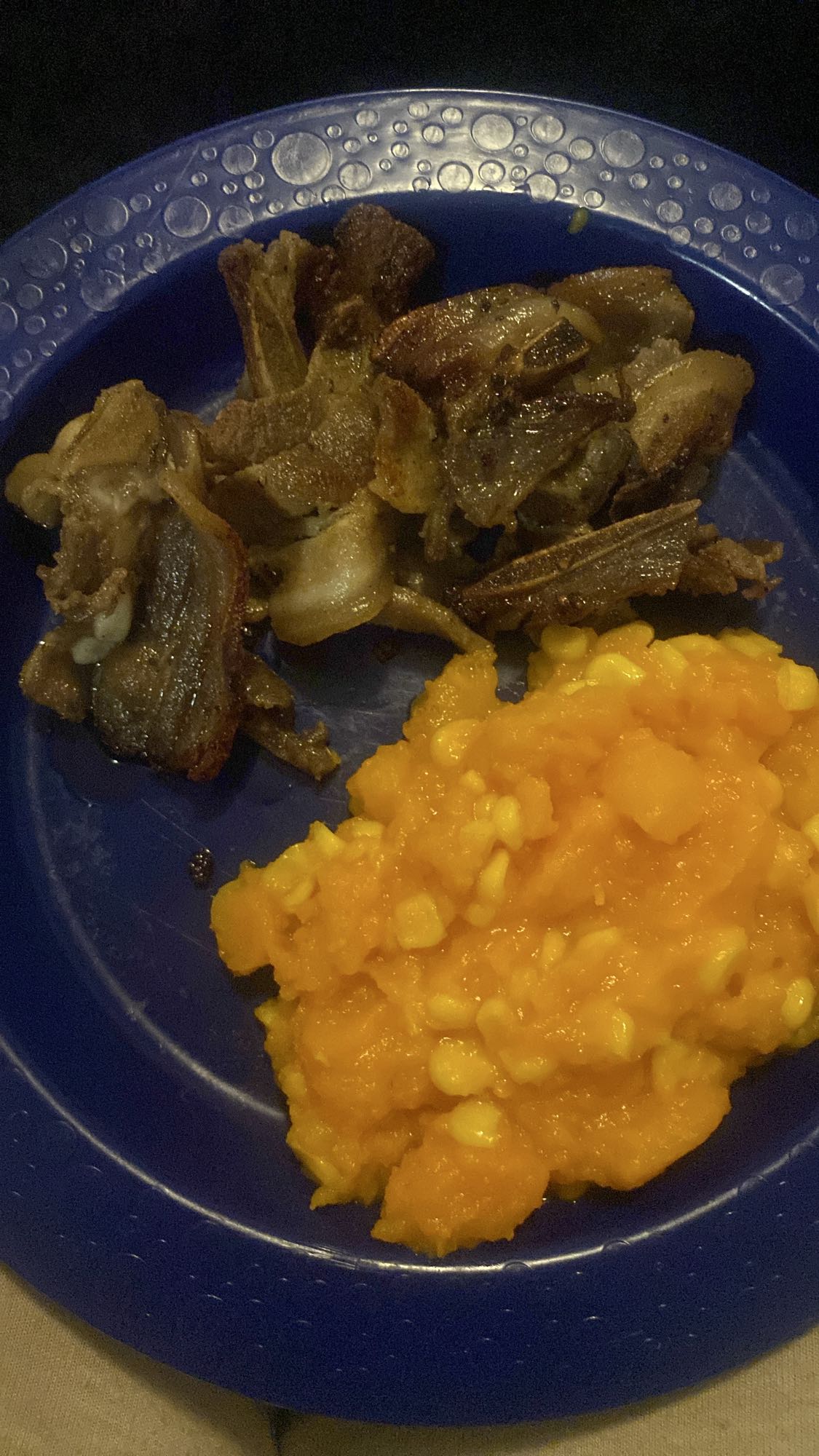 Fried meat with pumpkin mash