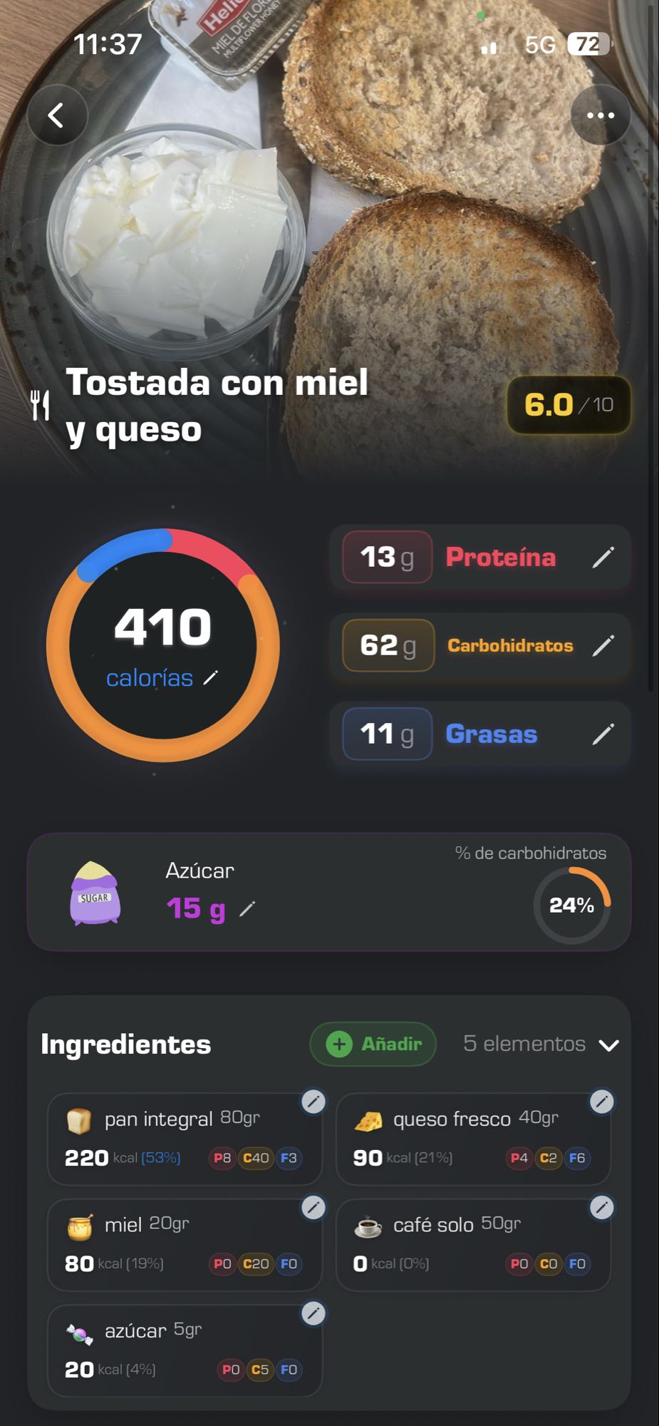 Tostada con miel y queso