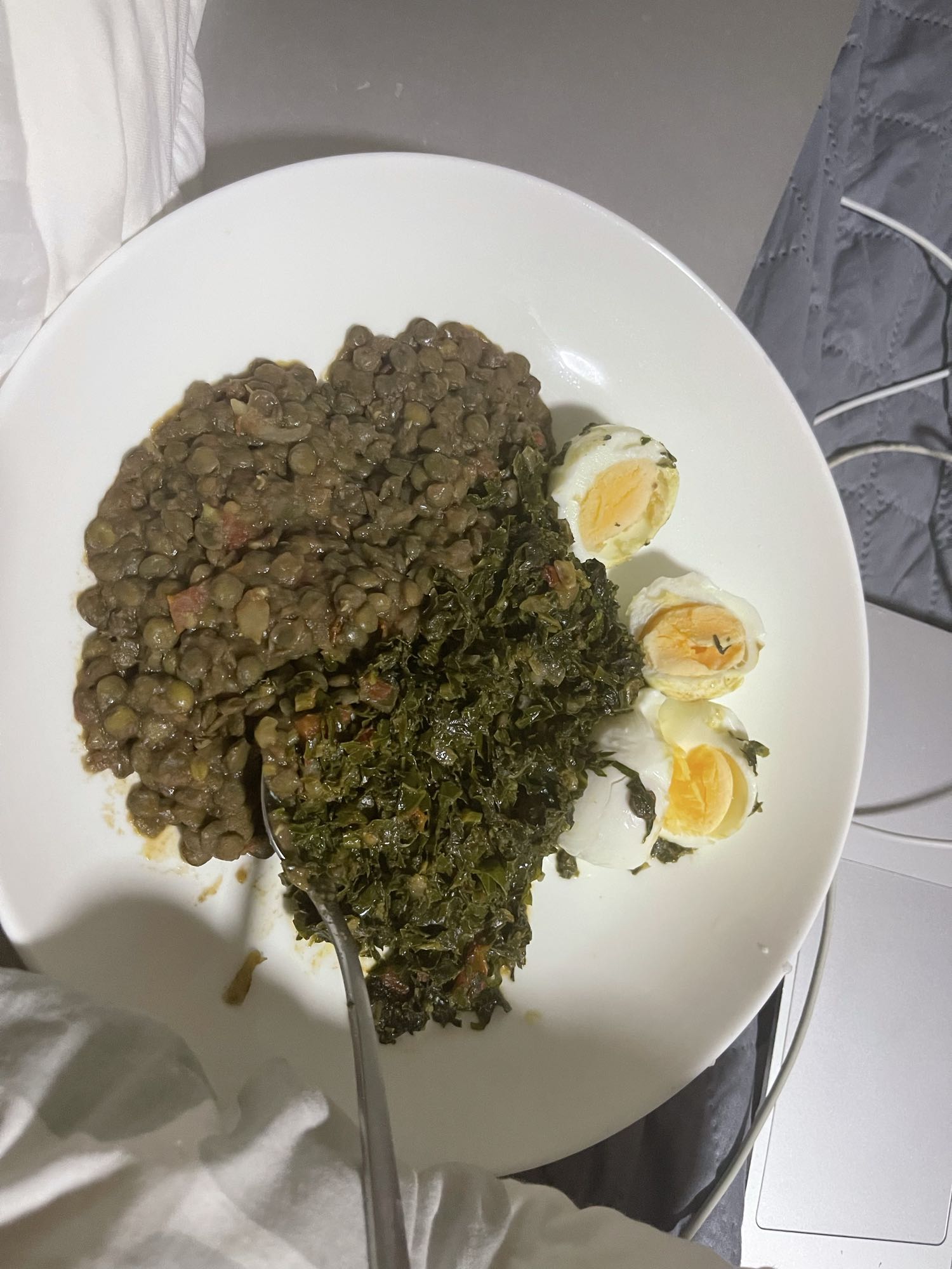 Lentils, greens, boiled eggs