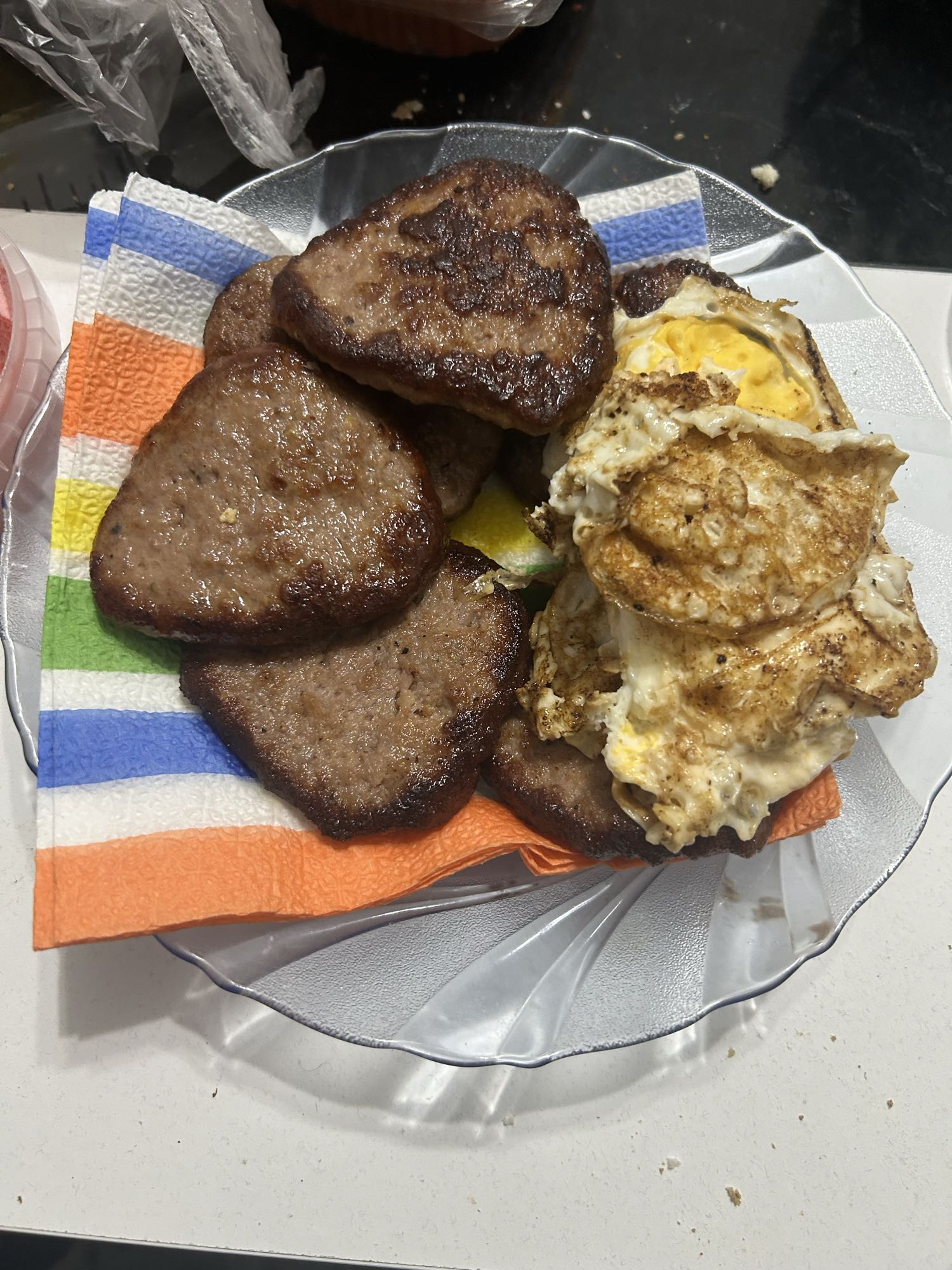 Fried eggs and beef patties