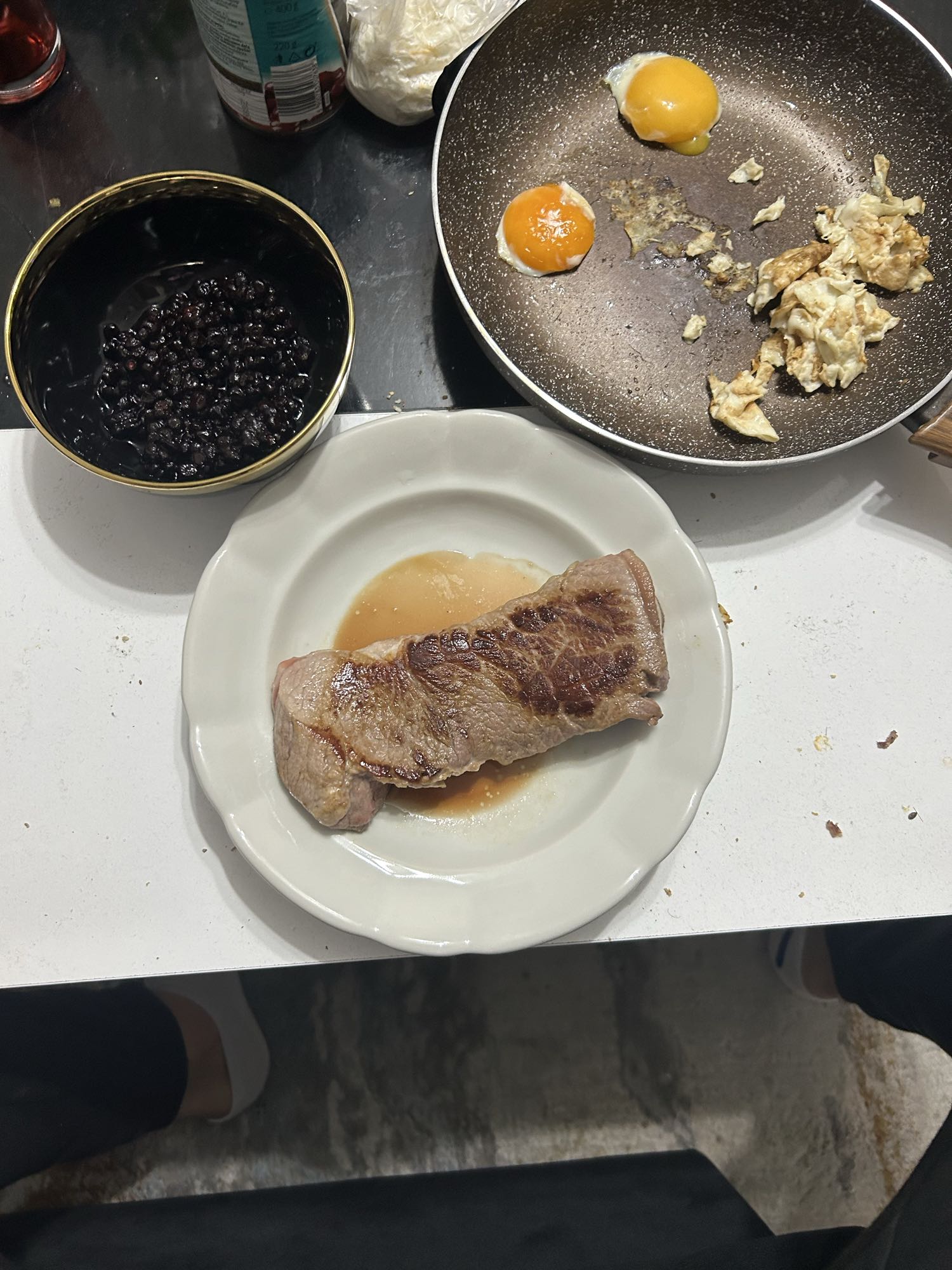 Steak, eggs, and black beans