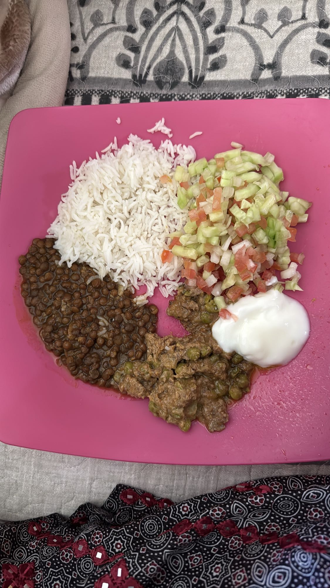 Rice, lentils, curry, salad, yogurt