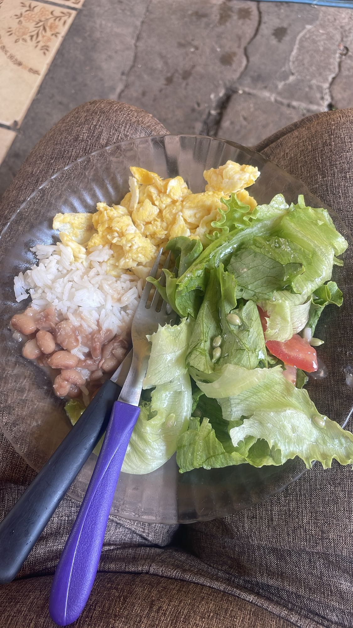 Arroz, ovos e salada