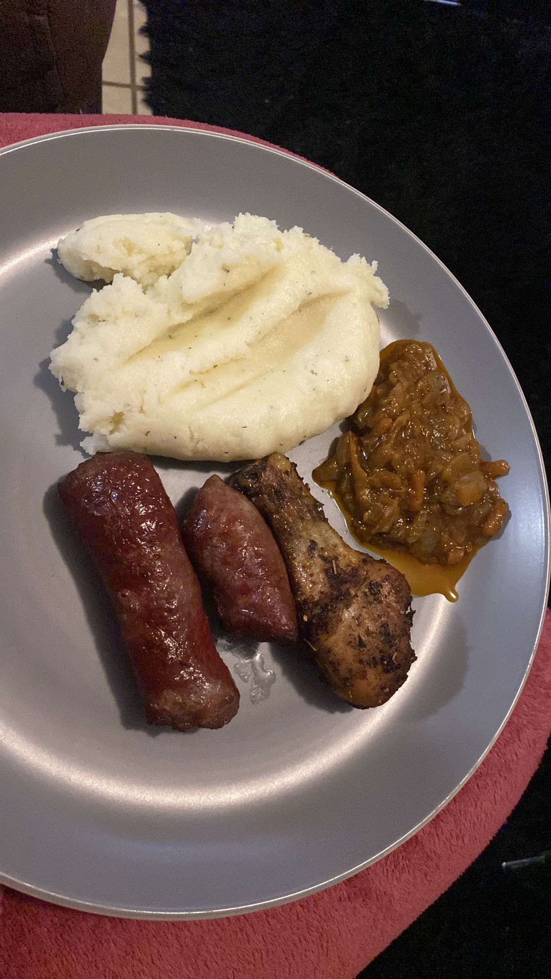 Pap, sausage, chicken, relish